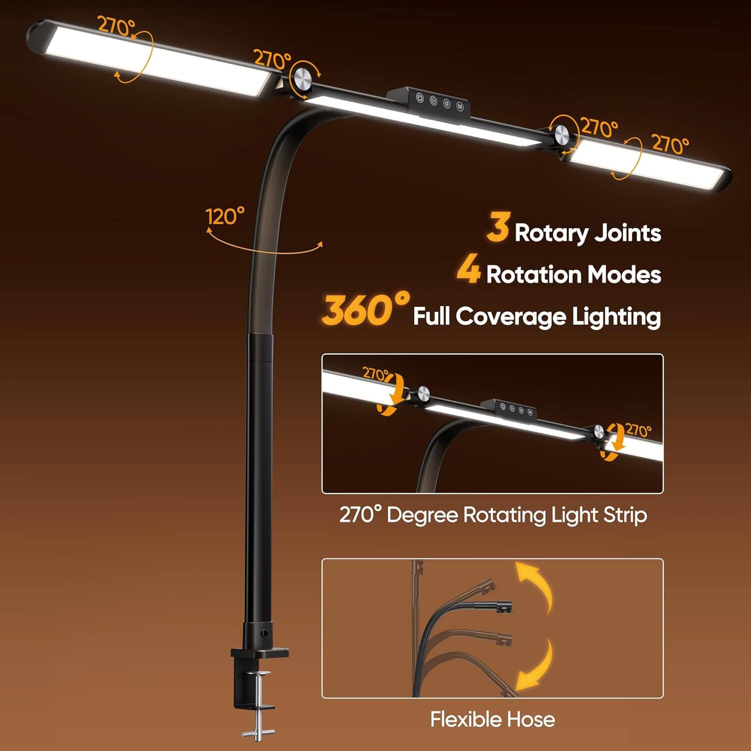 - 3 Rotary Joints
- 4 Rotation Modes
- 360° Full Coverage Lighting
- 270° Degree Rotating Light Strip
- Flexible Hose