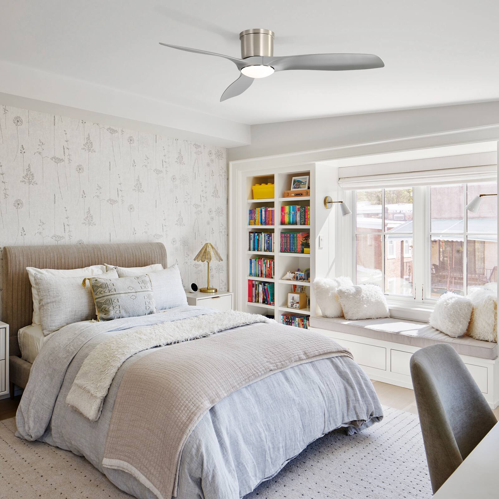 Alt View 6. Sofucor - 52'' Smart Ceiling Fan with Light & Remote & APP Control Modern High CFM Flush Mount Ceiling Fan for Bedroom Living Room - Nickel.