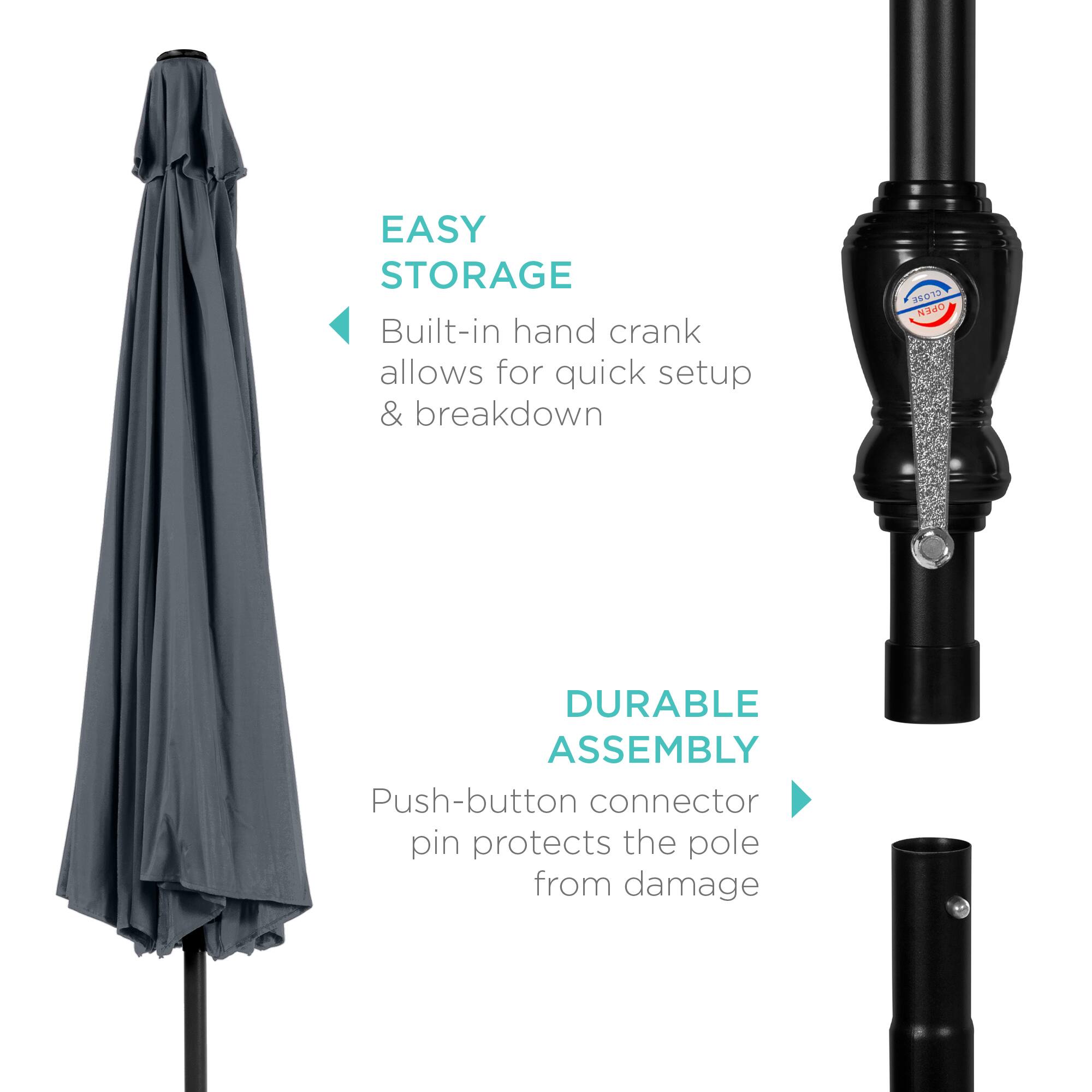 EASY STORAGE  
Built-in hand crank allows for quick setup & breakdown  

DURABLE ASSEMBLY  
Push-button connector pin protects the pole from damage