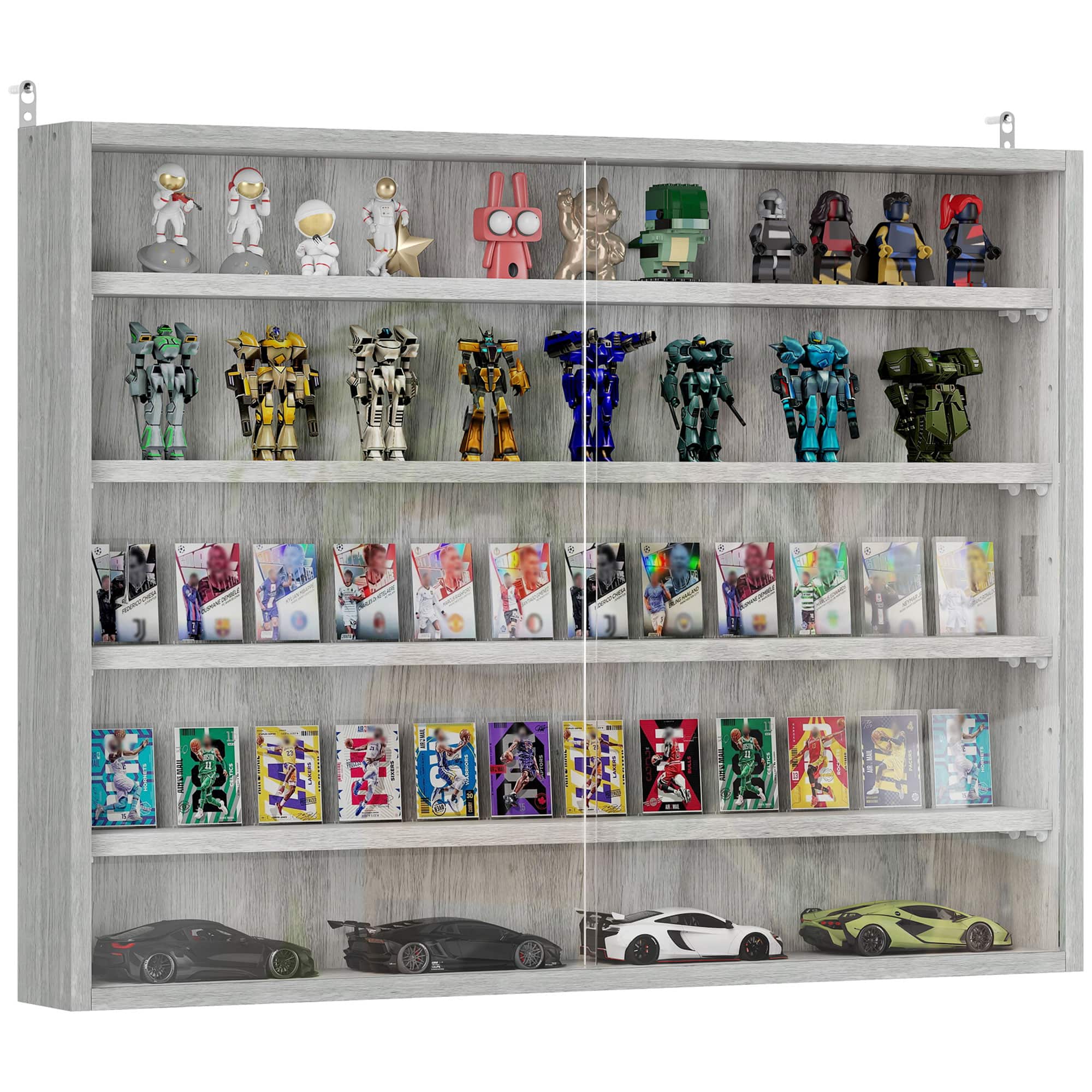 Homcom - 5-Tier Display Cabinet, Glass Door Cabinet with Adjustable Shelves, Wall-Mounted Display Case for Playroom, Bedroom - Gray