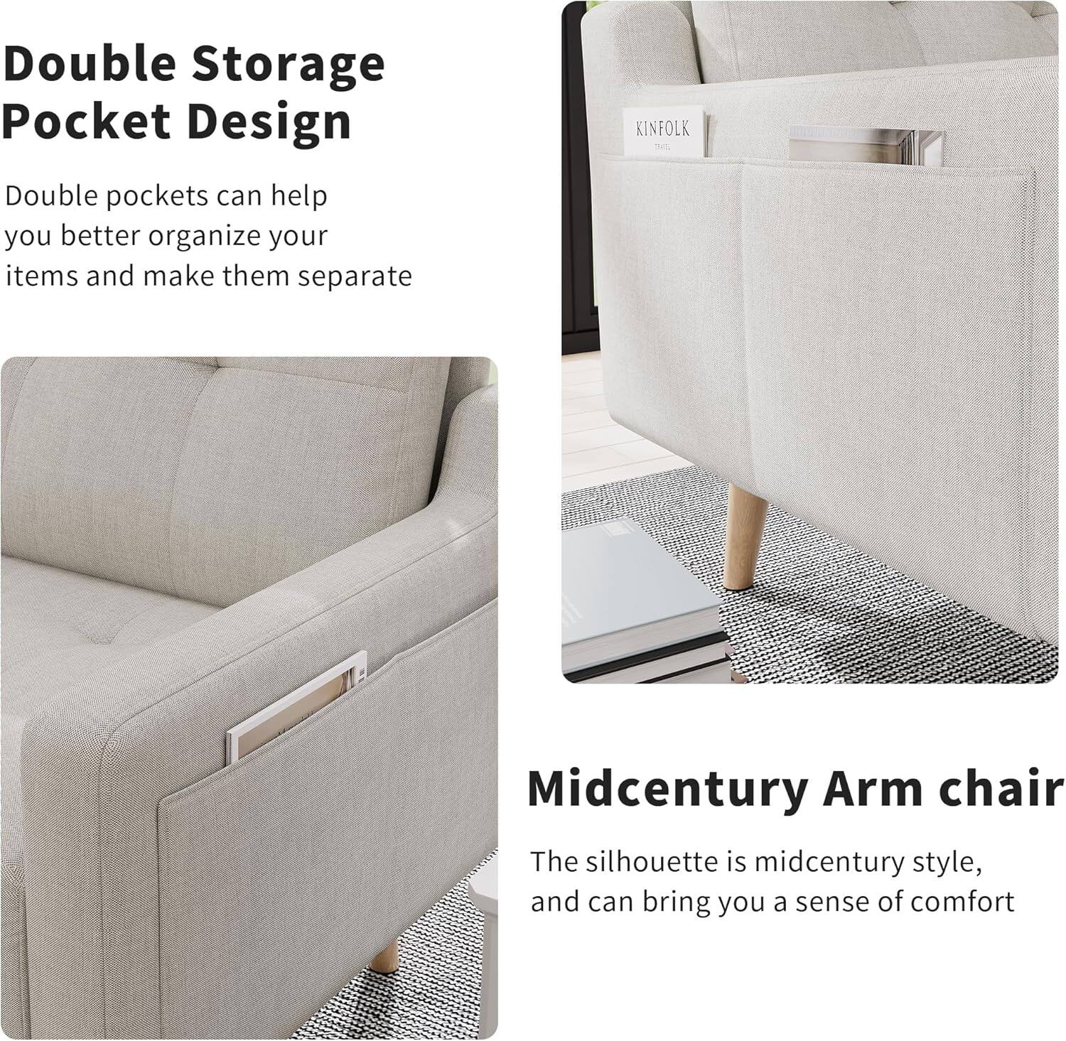 Double Storage Pocket Design  
Double pockets can help you better organize your items and make them separate  

Midcentury Arm chair  
The silhouette is midcentury style, and can bring you a sense of comfort