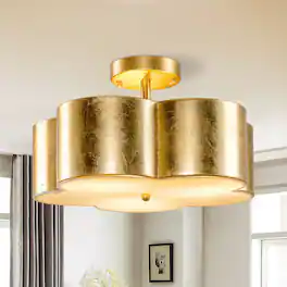 Parrot Uncle - 15.4" Distressed 3-Light Flower Semi-Flush Mount Ceiling Light - Gold