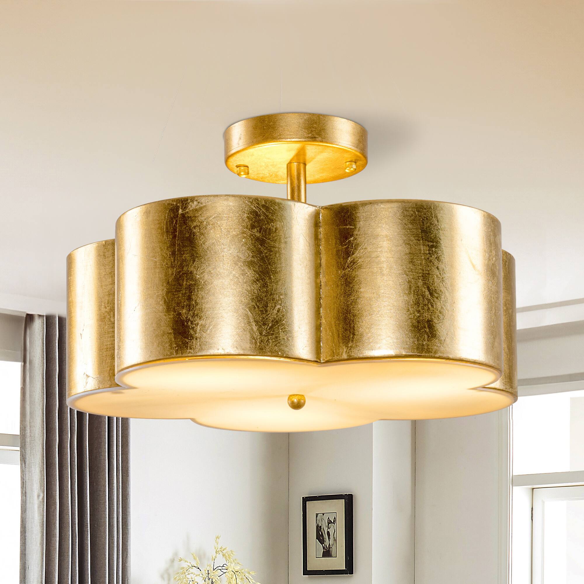Front. Parrot Uncle - 15.4" Distressed Gold 3-Light Flower Semi-Flush Mount Ceiling Light - Gold.