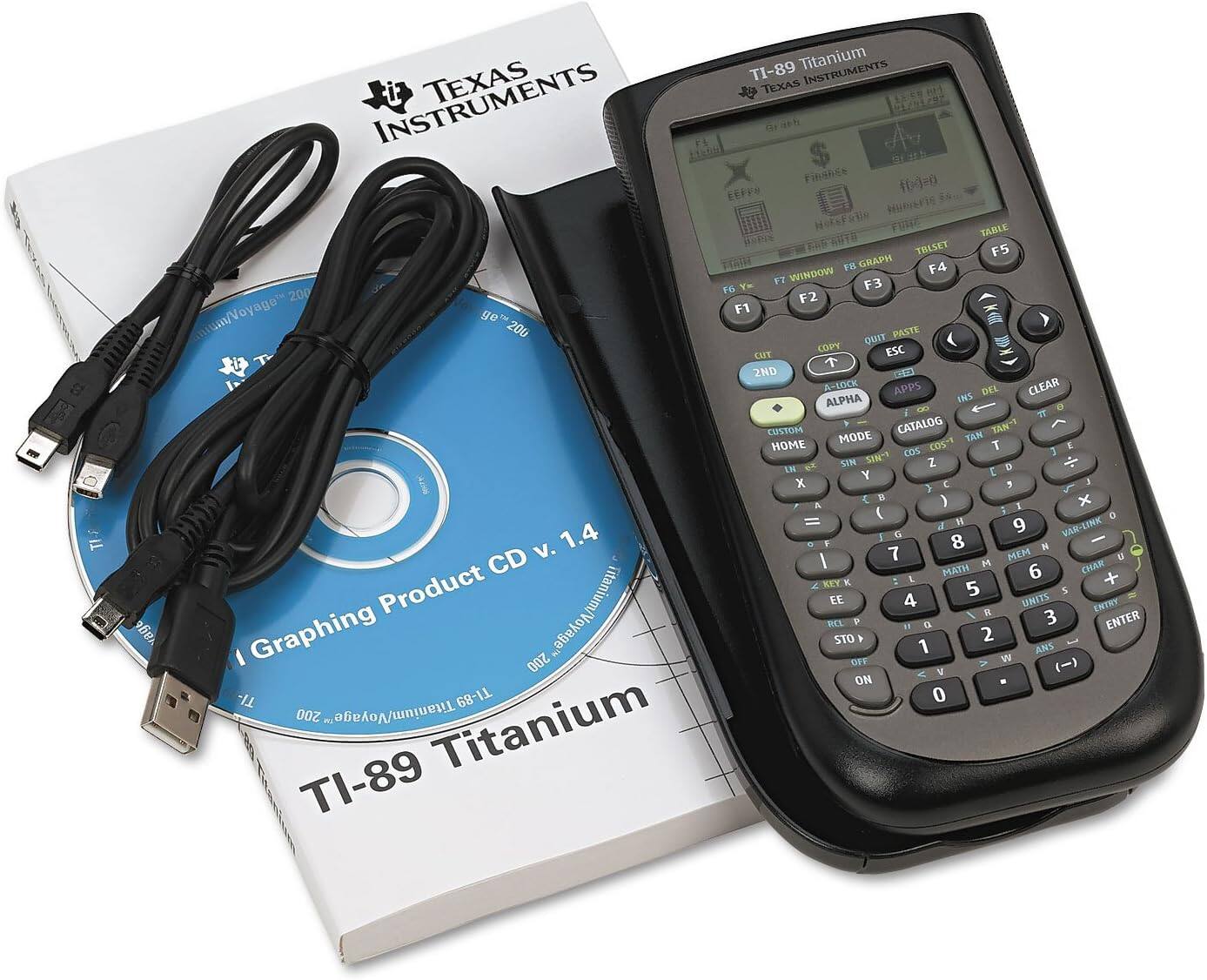 TI-89 Titanium  
TEXAS INSTRUMENTS  
0201292 1 SFa  
inan fd=0 EEPS FuRT TABLE EAETAUTS THESET F5 F8 GRAPH F4 F7 WINDOW FG Ym F3 200 F2 mnum/Voyage F1 ge 200 OUIT PULSTE CODY ESC EUT T 2ND DE A-10CK APPS DEL CLEAR ALPHA INS nn a A  
CUSTOM CATALOG TAN-1 MODE YAK HOME cos COs-1 T 3 E SIN SM~ Z  
IN et E D Y 3 x } E , C  } x  E (   = d I 9 VAR-LINK 1.4 G v. d F 8 N CD I 7 H MEM U MATH 6 CHAR KEY  L + Product Titanium/Voyage EE 4 5 / I UNITS 3 5 EHERY REE F " a ENTER vage Graphing STO 1 2 ANS 200 OFF V W < V () ON TI- TI-89 0 200 Titanium/Voyago Titanium TI-89