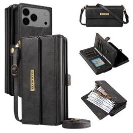 Dteck - Wallet Case for Apple iPhone 17 Pro Max, Shockproof PU Leather Flip RFID Blocking Card Slots with Shoulder Strap - Black