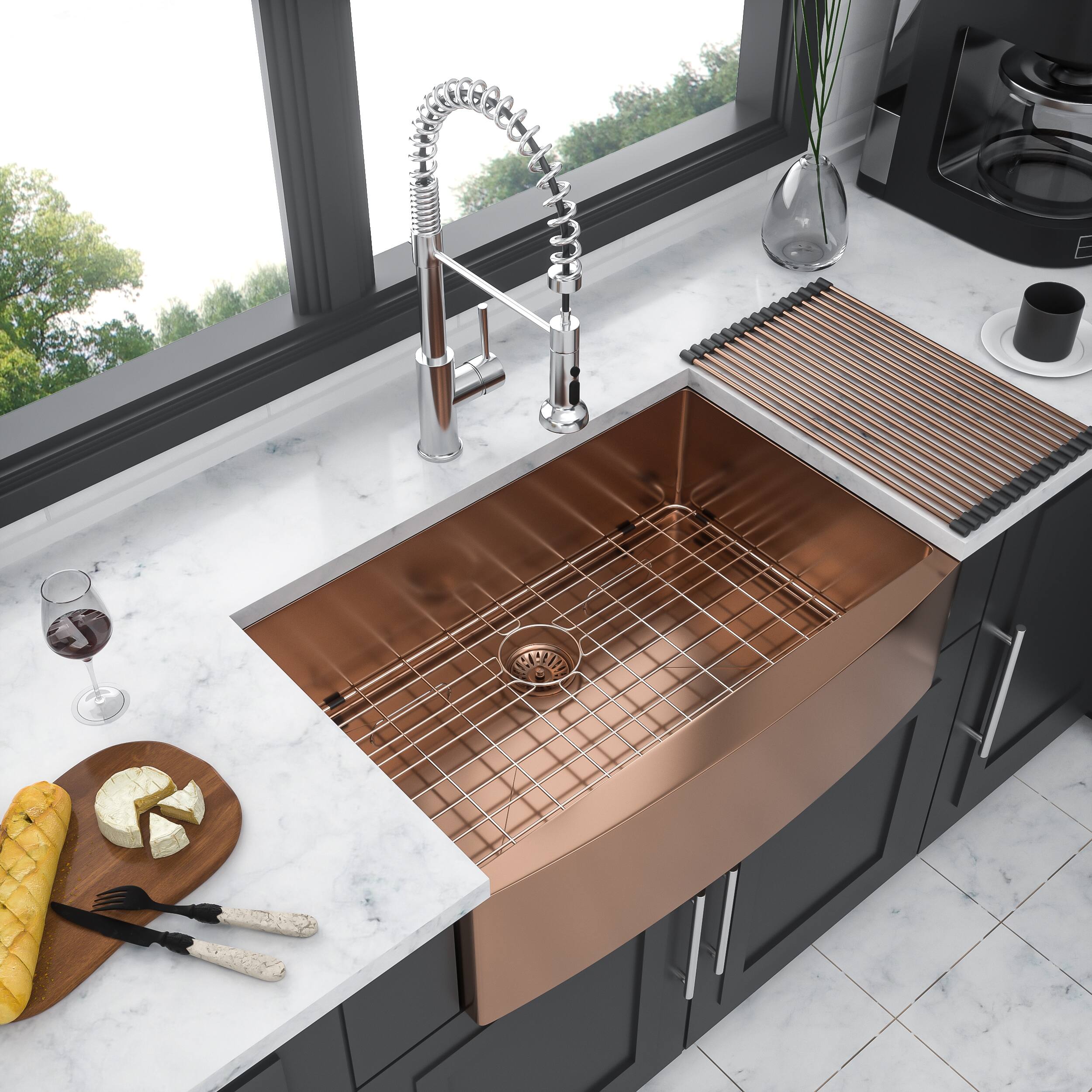 Left. Siljoy - 36 Rose Gold Farmhouse Sink - 36 Inch Kitchen Sink Stainless Steel 16 gauge Apron Front Kitchen Sink - Rose Gold.