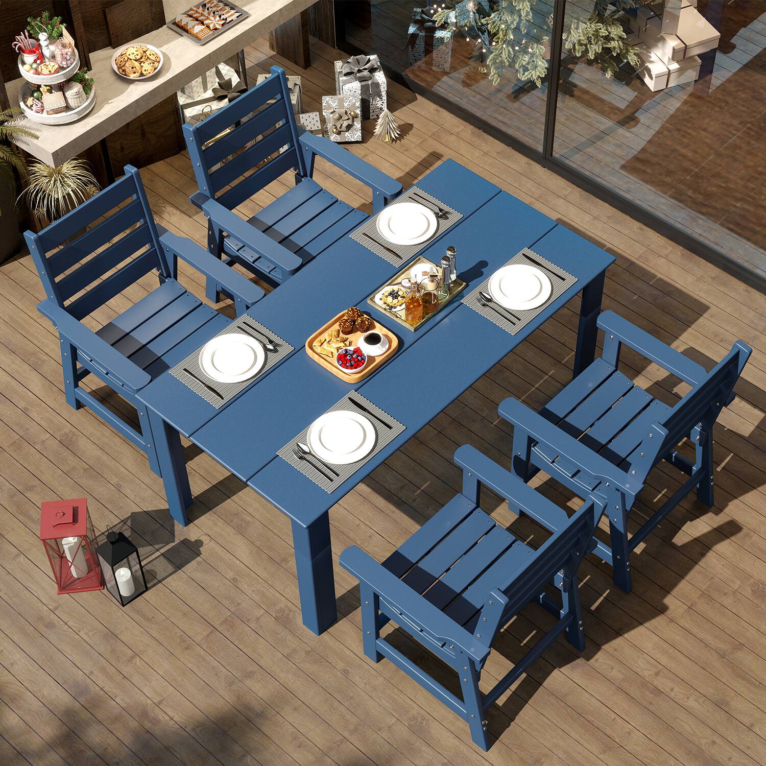 Alt View 1. FODINGHILL - Premium HDPE All-Weather Outdoor Dining Table with Umbrella Hole - Blue.