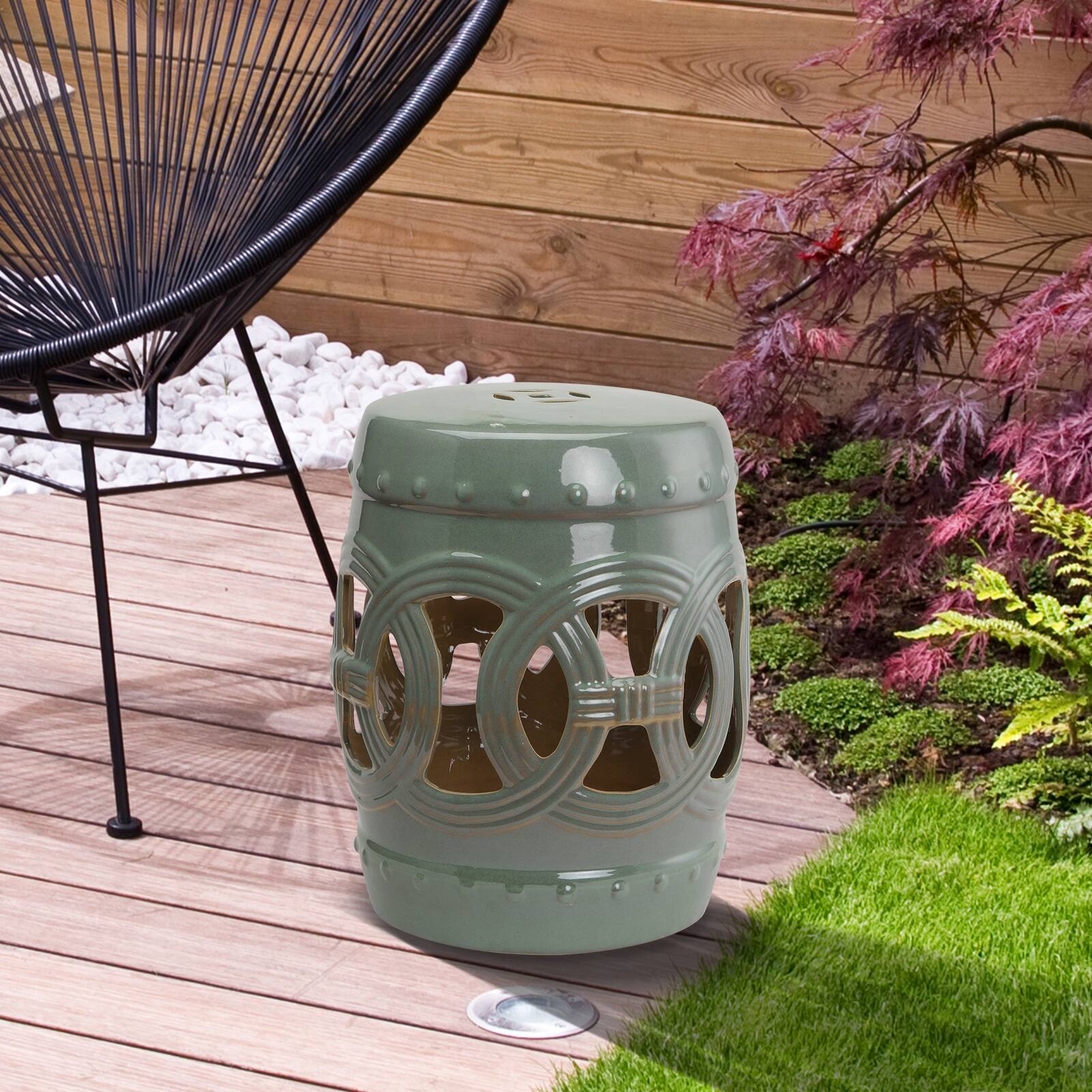 Alt View 1. Outsunny - x 17" Ceramic Garden Stool with Double-Coin Knotted Ring Design - Green.