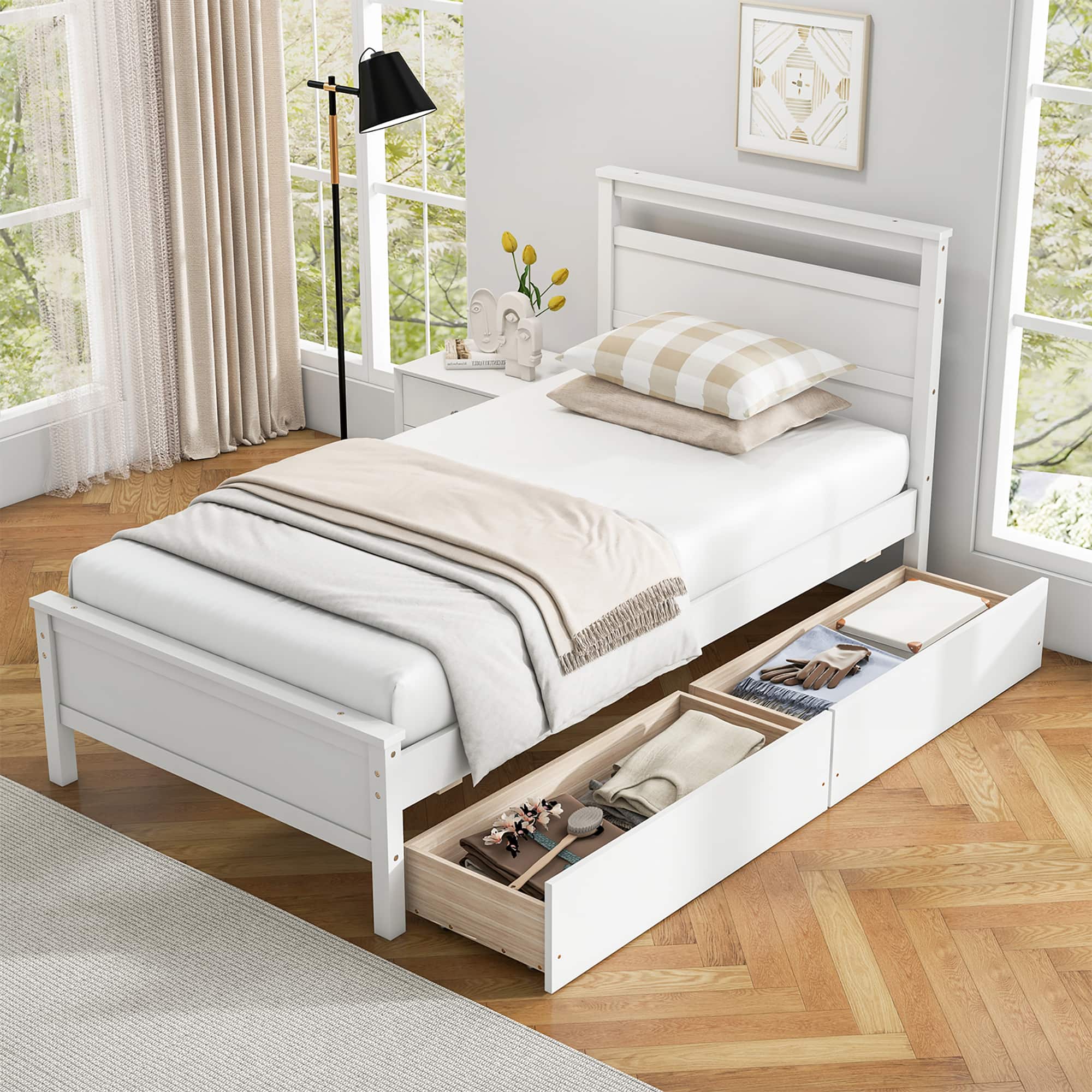 Front. Gymax - Gymax Twin Size Platform Bed w/ Drawers 2 Pull-out Drawers Headboard & Footboard White - White.