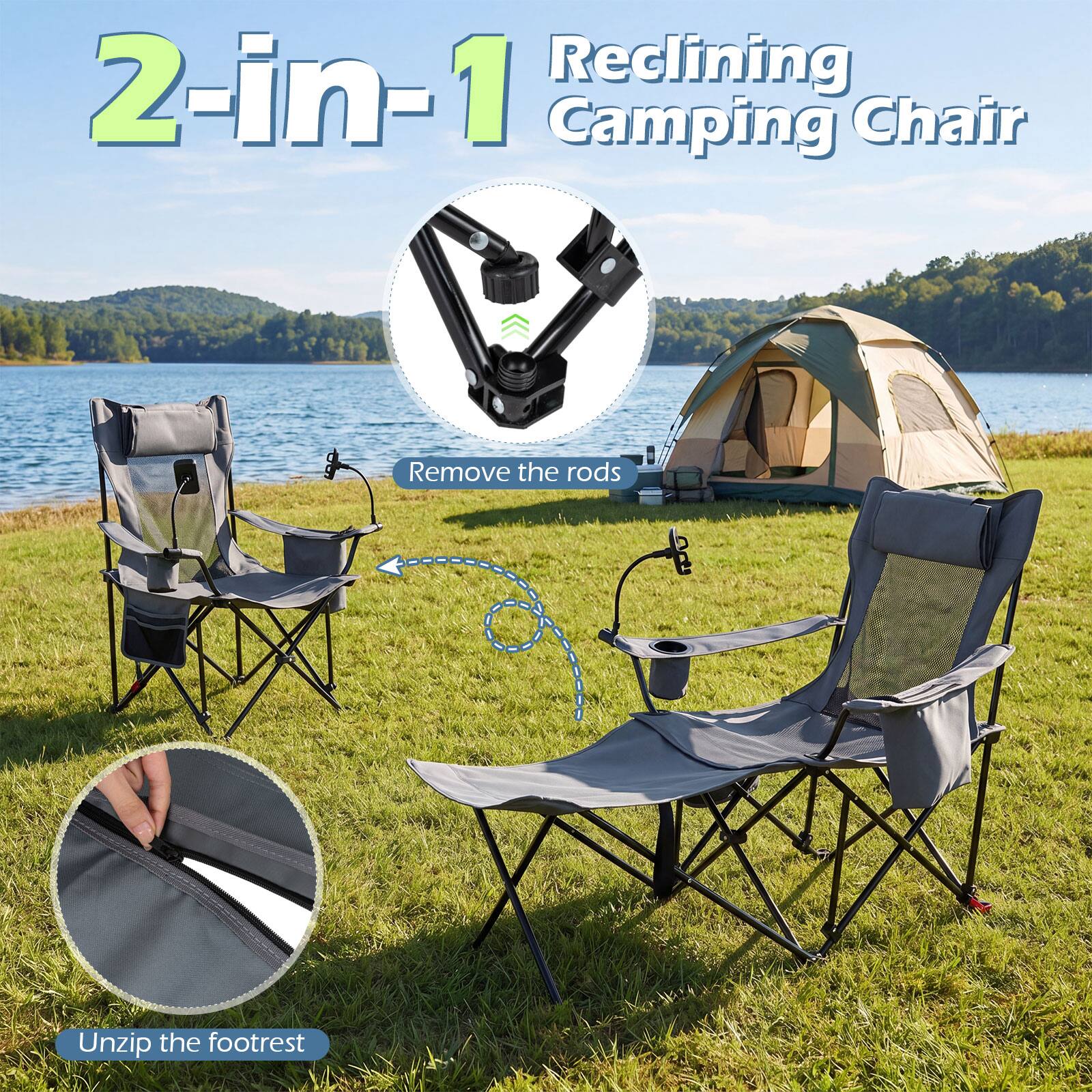 2-in-1 Reclining Camping Chair

Remove the rods

Unzip the footrest