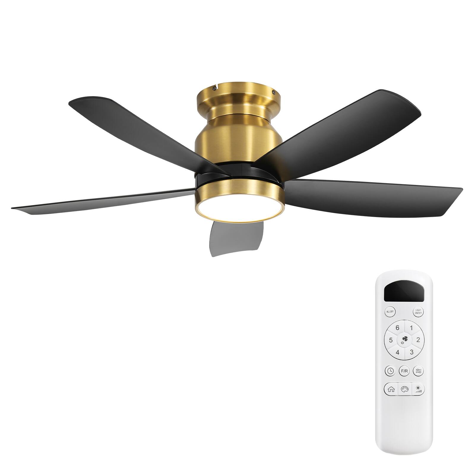 Sofucor - 42 Inch Flush Mount Ceiling Fan with Lights & Remote Ultra Quiet 6-Speed DC Motor Bedroom Modern Low Profile Fan - Gold Black