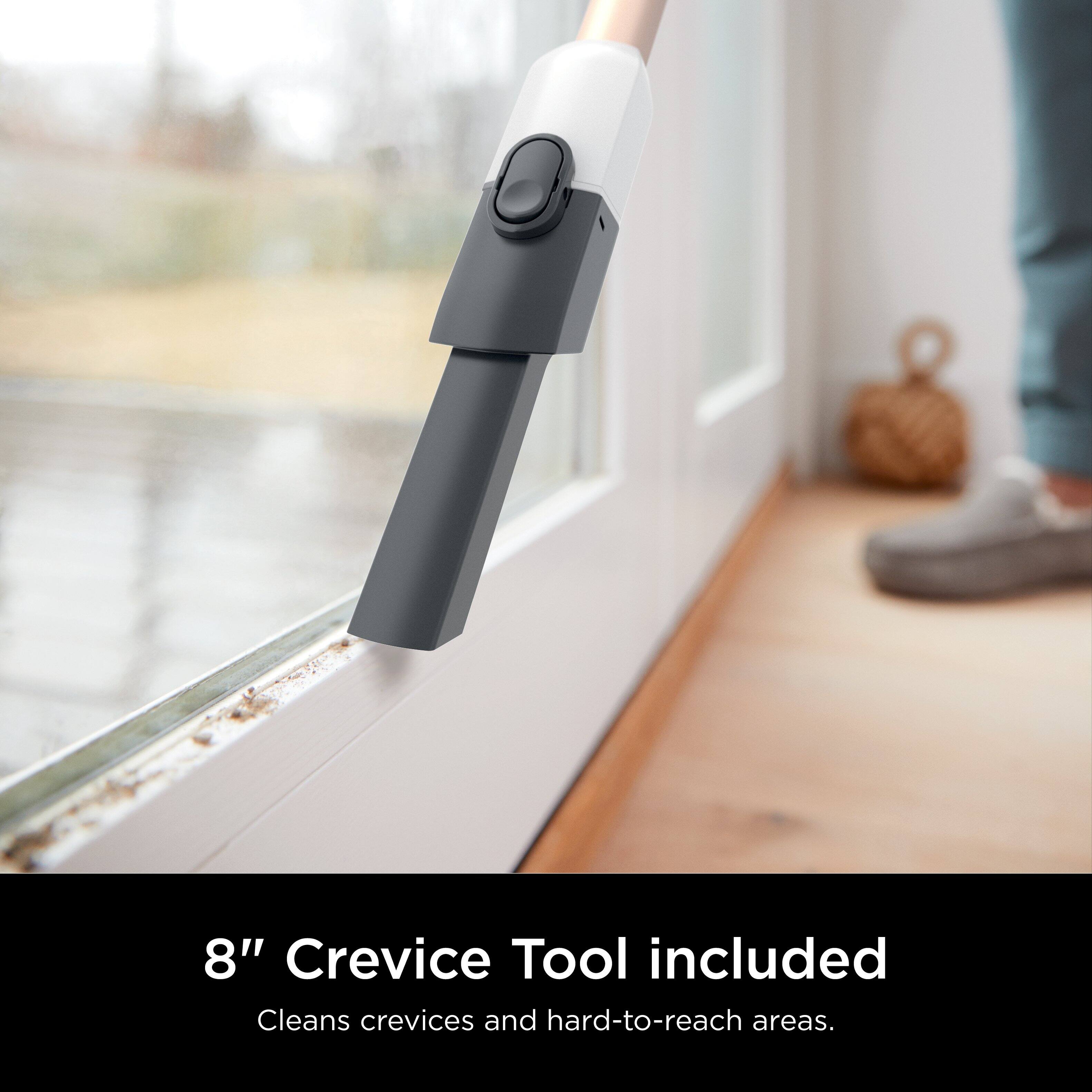 The text on the image reads: "8" Crevice Tool included Cleans crevices and hard-to-reach areas."