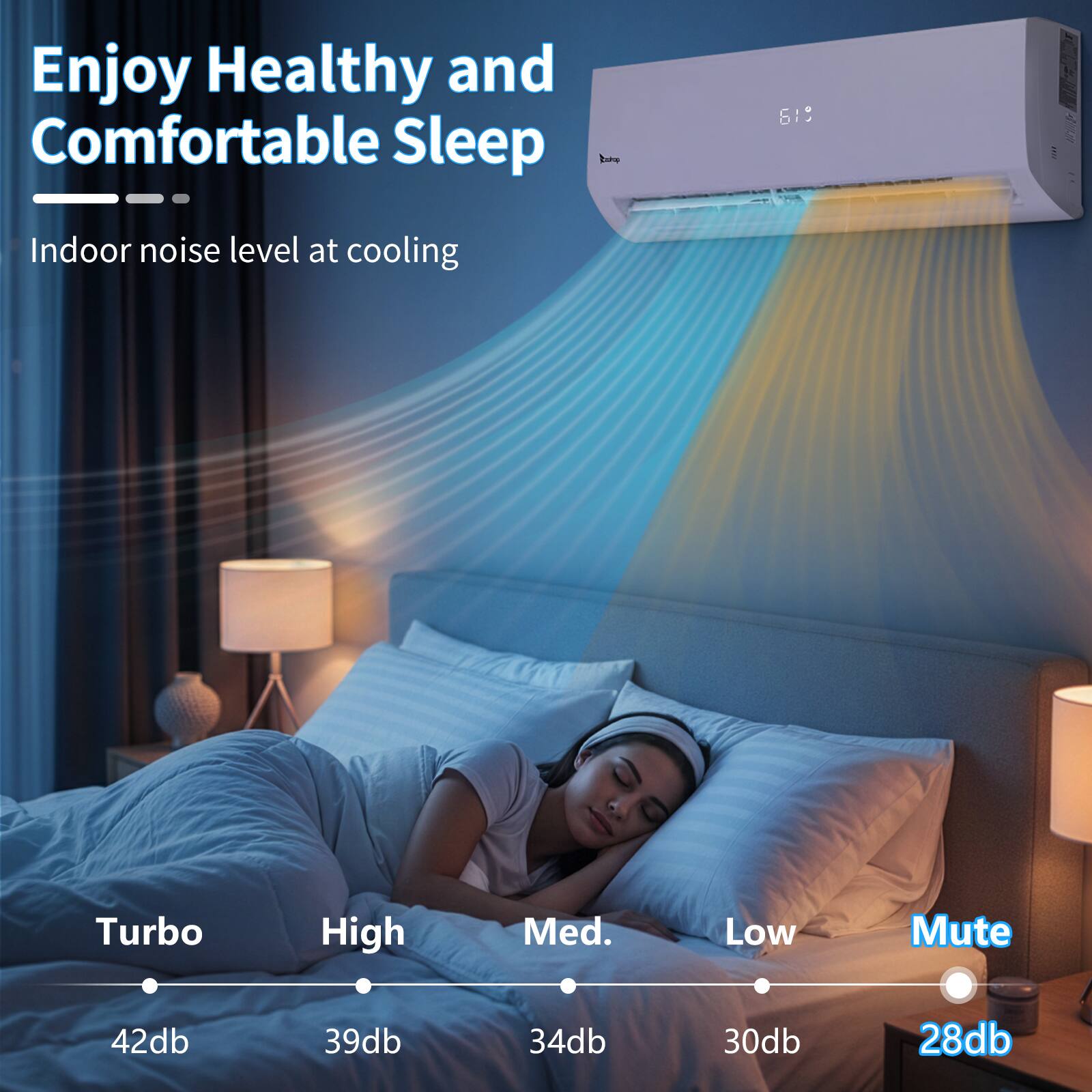 Enjoy Healthy and Comfortable Sleep

Indoor noise level at cooling

Turbo: 42db  
High: 39db  
Med.: 34db  
Low: 30db  
Mute: 28db