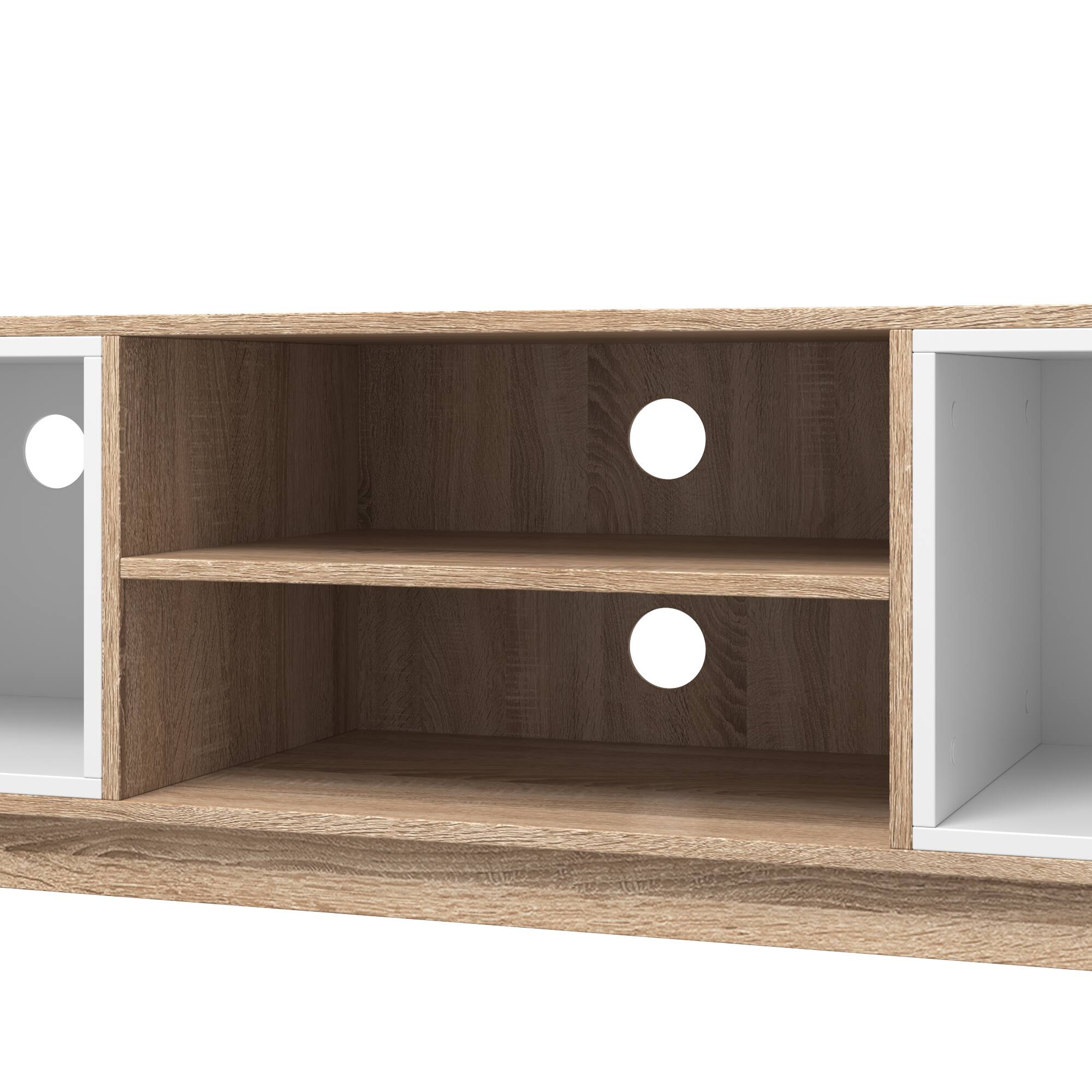 Back. Famapy - Extendable TV Stand, Modern Entertainment Center with Drawers, Open Shelves and Cable Management - White & Light Oak.