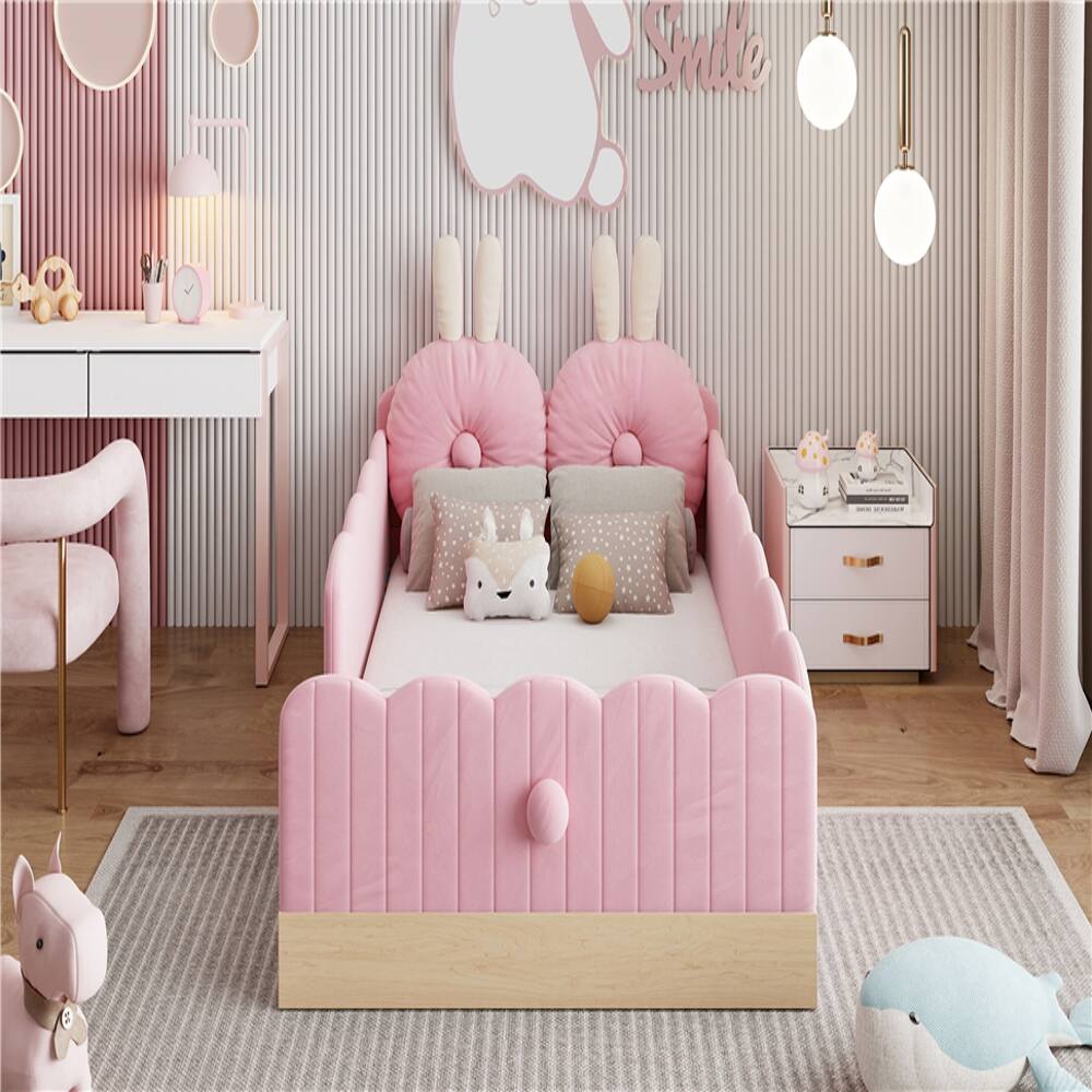 Back. Loheer - Loheer Twin Upholstered Platform Bed Pink Velvet Kids Bed - Pink.