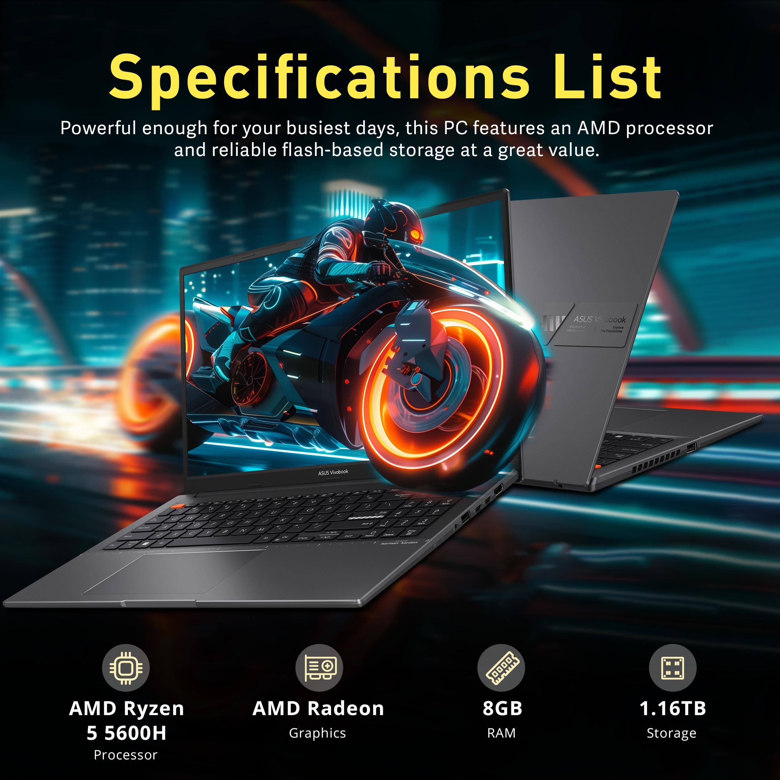 Specifications List

Powerful enough for your busiest days, this PC features an AMD processor and reliable flash-based storage at a great value.

- AMD Ryzen 5 5600H Processor
- AMD Radeon Graphics
- 8GB RAM
- 1.16TB Storage