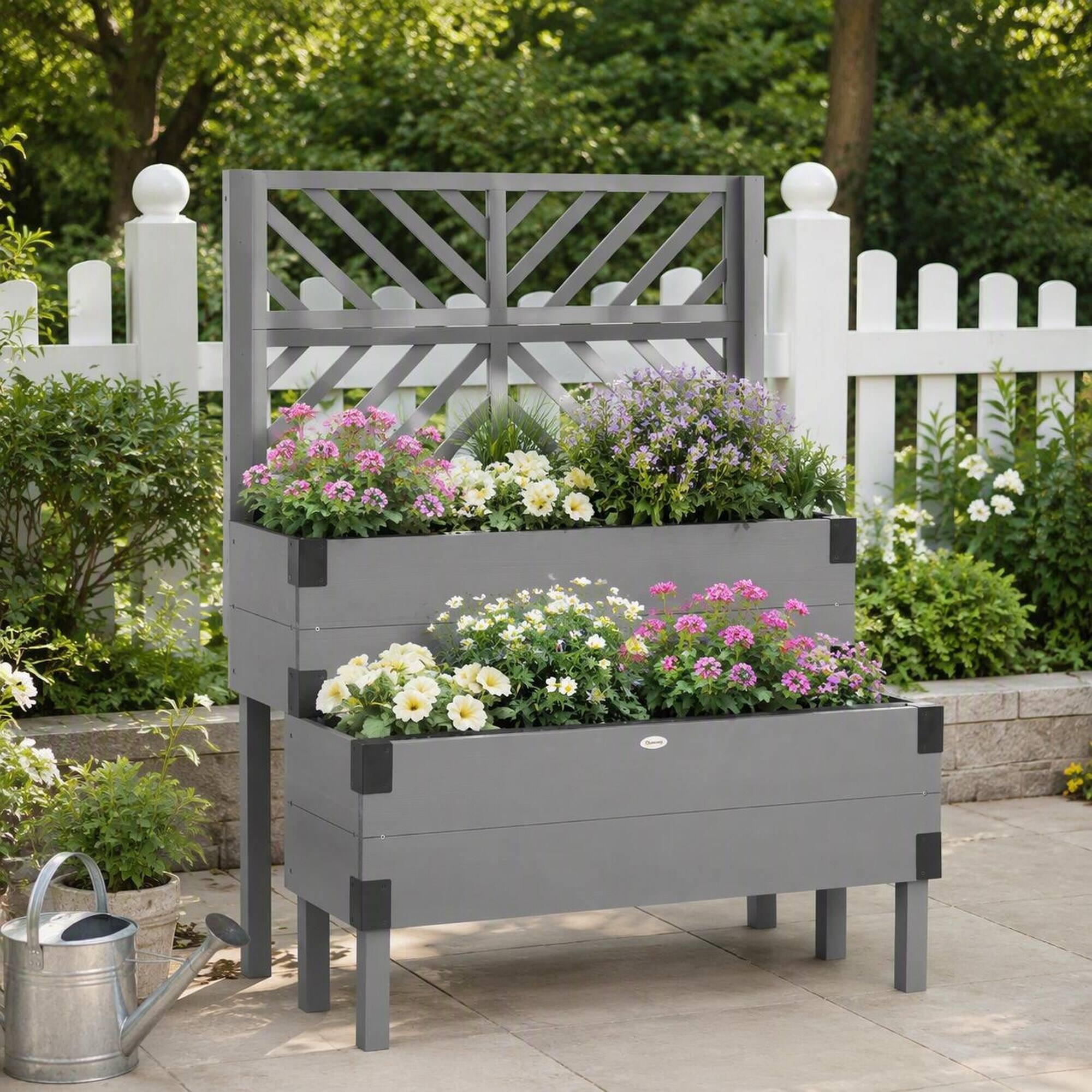 Back. RYHNUYNE - Outsunny Raised Garden Bed with Trellis, 2 Tier Wooden Elevated Planter Box with Legs, Metal Corners - Gray.