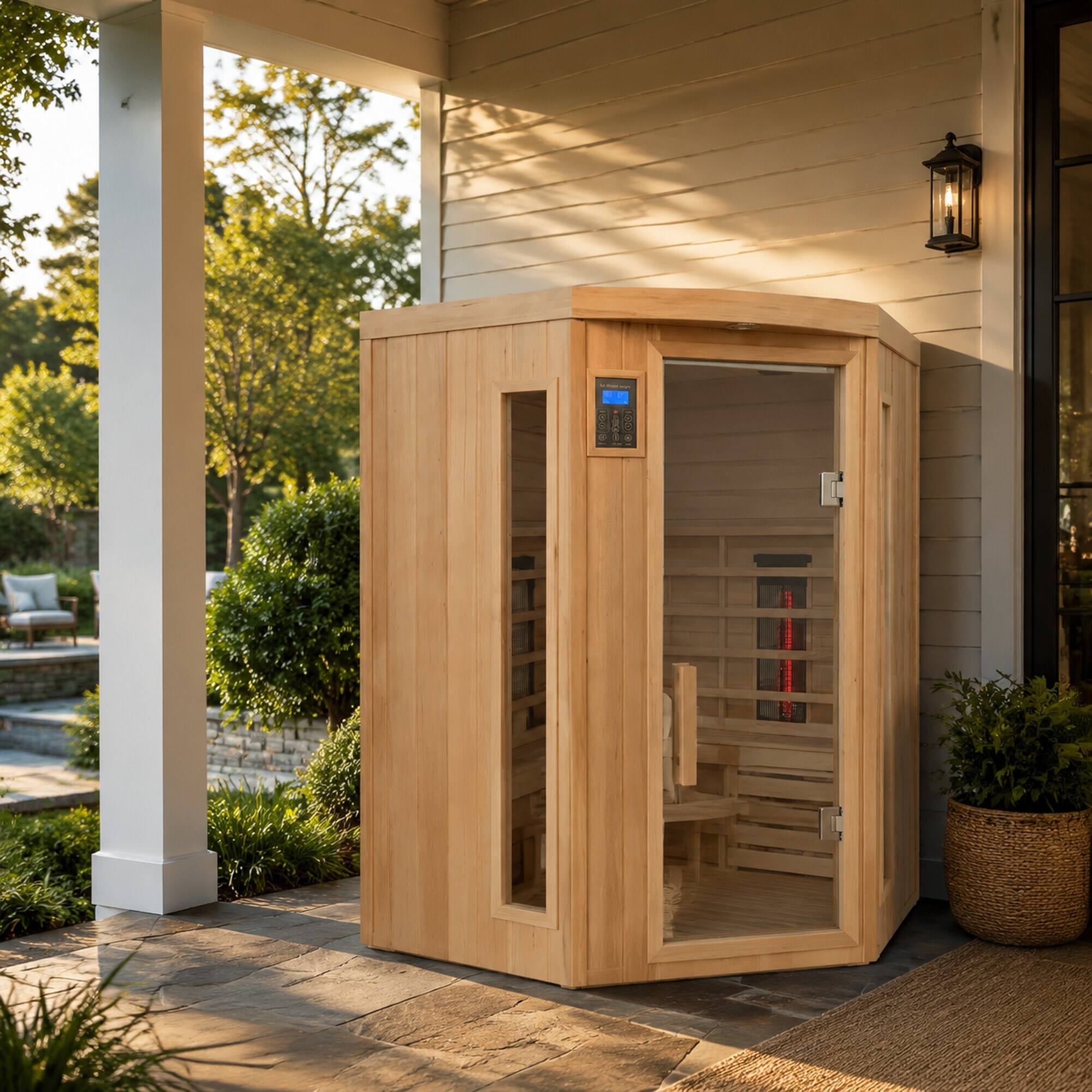 Angle. RYHNUYNE - Hemlock Wood Pentagonal Far Infrared Sauna, Double Opening Glass Doors, Indoor Home Relaxation, Carbon Crystal Heating - Natural.