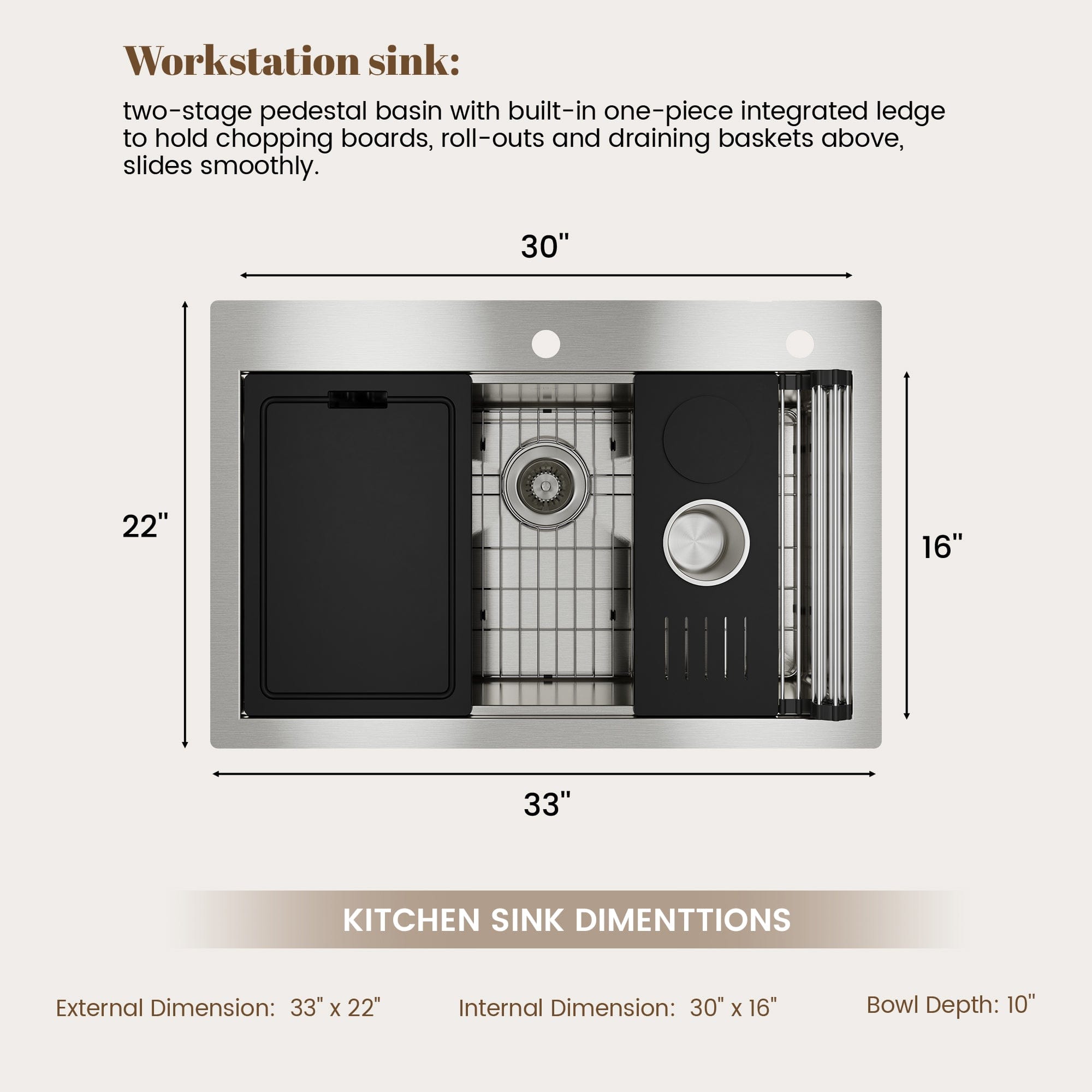 Workstation sink: two-stage pedestal basin with built-in one-piece integrated ledge to hold chopping boards, roll-outs and draining baskets above, slides smoothly. 30" 22" 16" 33" KITCHEN SINK DIMENTTIONS External Dimension: 33" X 22" Internal Dimension: 30" X 16" Bowl Depth: 10"