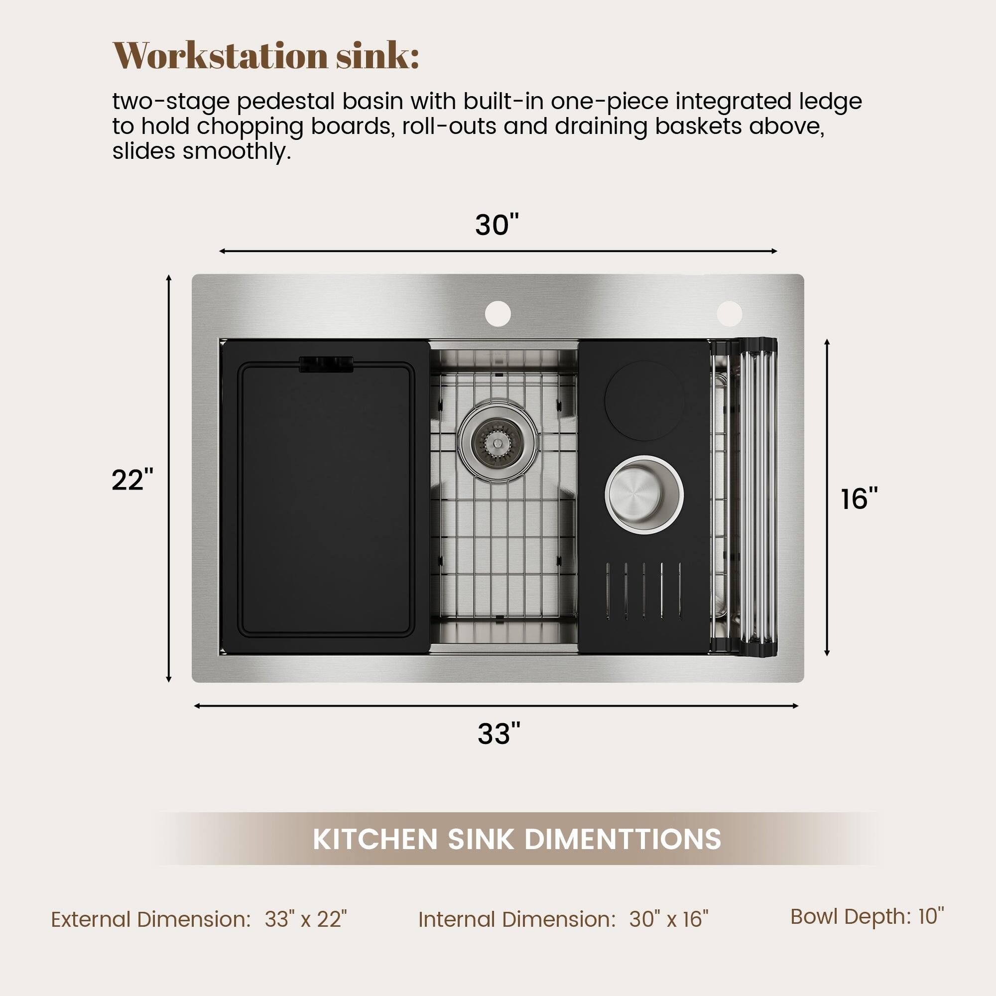 Workstation sink: two-stage pedestal basin with built-in one-piece integrated ledge to hold chopping boards, roll-outs and draining baskets above, slides smoothly. 30" 22" 16" 33" KITCHEN SINK DIMENTTIONS External Dimension: 33" X 22" Internal Dimension: 30" X 16" Bowl Depth: 10"