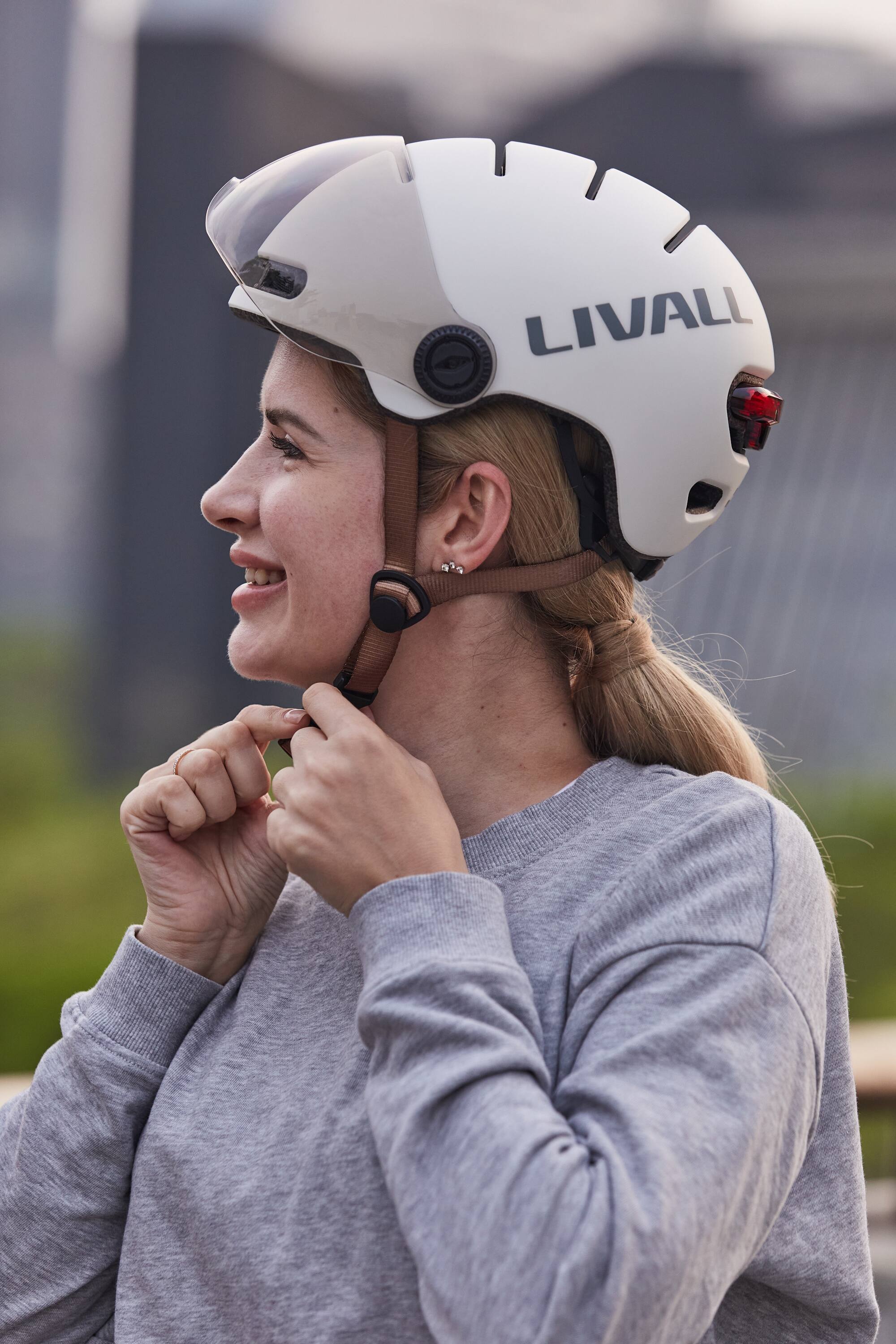 Left. LIVALL - LIVALL L23 Smart Bike Helmet, LED Lights & Removable Visor, NTA8776 E-Bike Certified, Fall Detection & SOS Alert- White - White.