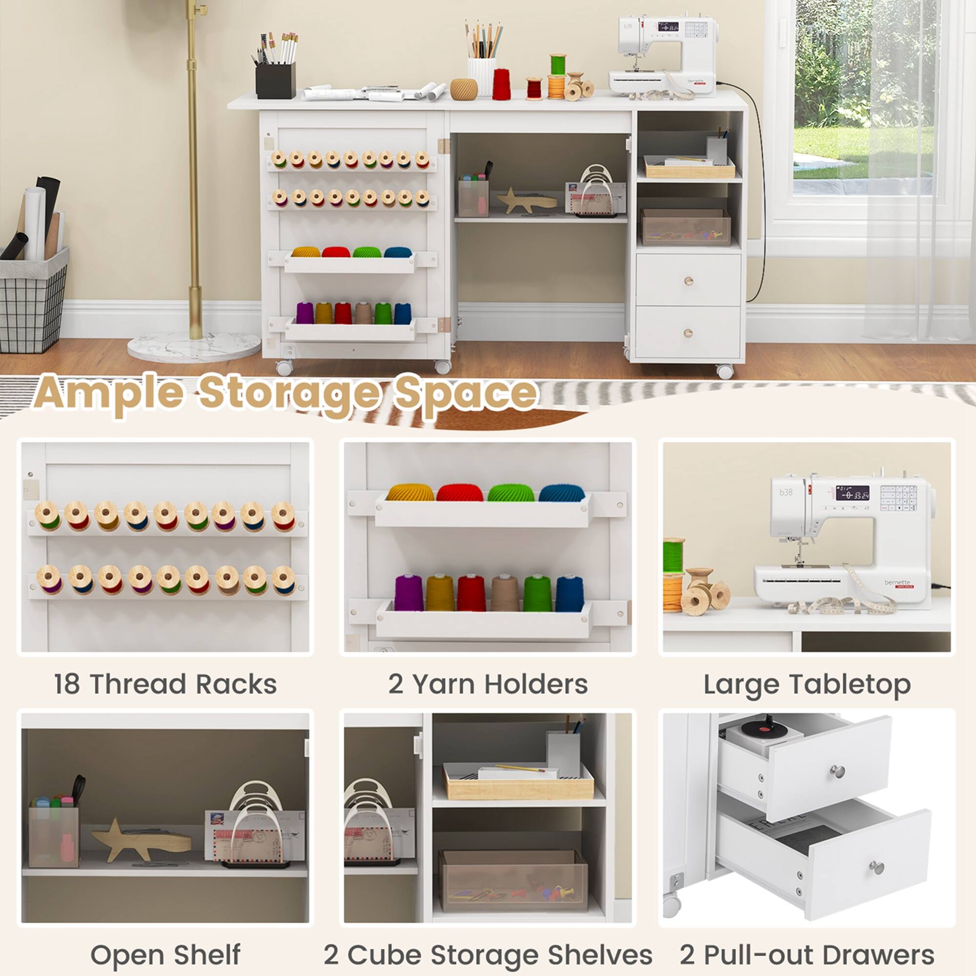 Ample Storage Space  
- 18 Thread Racks  
- 2 Yarn Holders  
- Large Tabletop  
- Open Shelf  
- 2 Cube Storage Shelves  
- 2 Pull-out Drawers