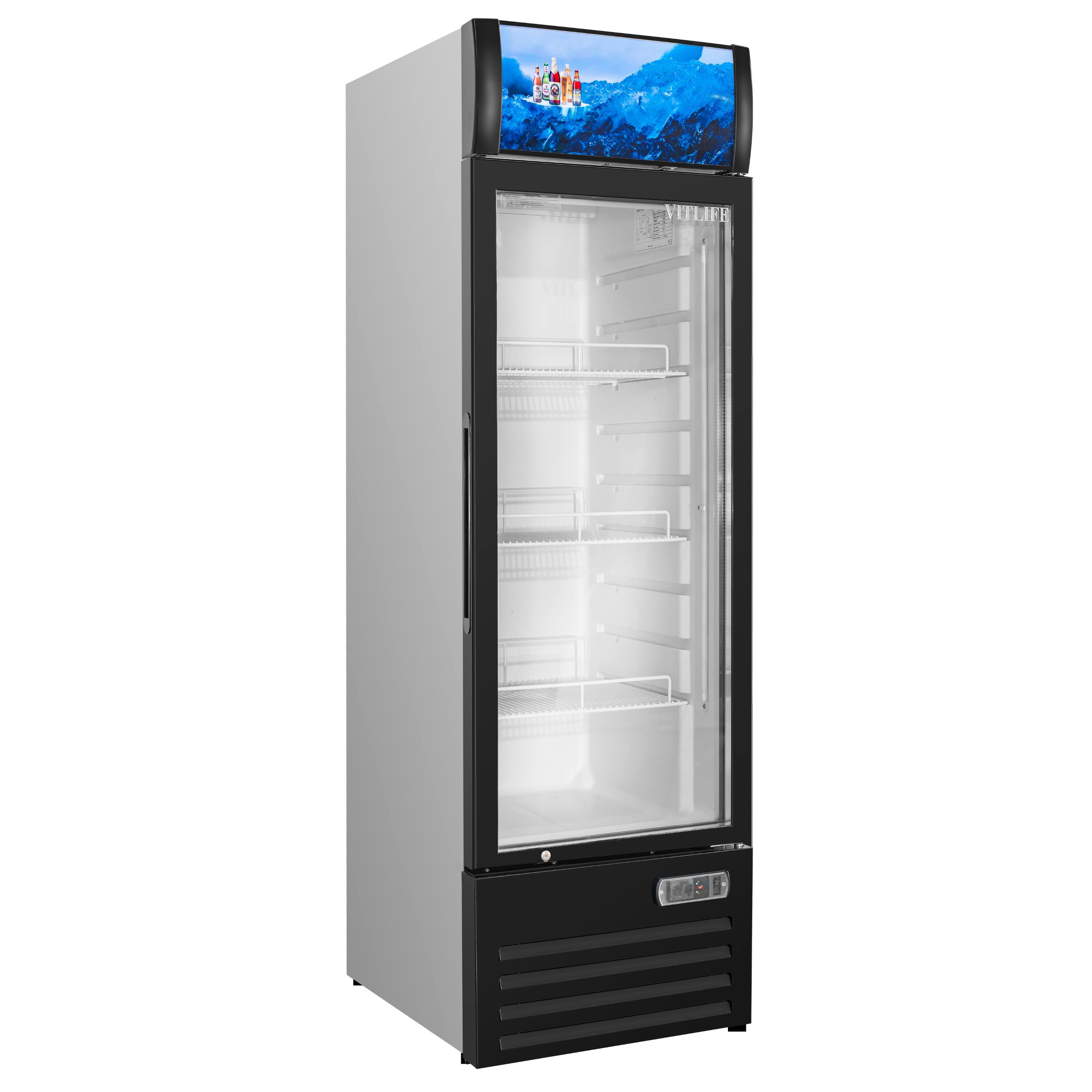 Angle. Equator - Equator Vitlife 8.8 Cu Ft Commercial Glass Door Merchandiser Refrigerator, LED, Adjustable Shelves, Auto Defrost 110V - Black.