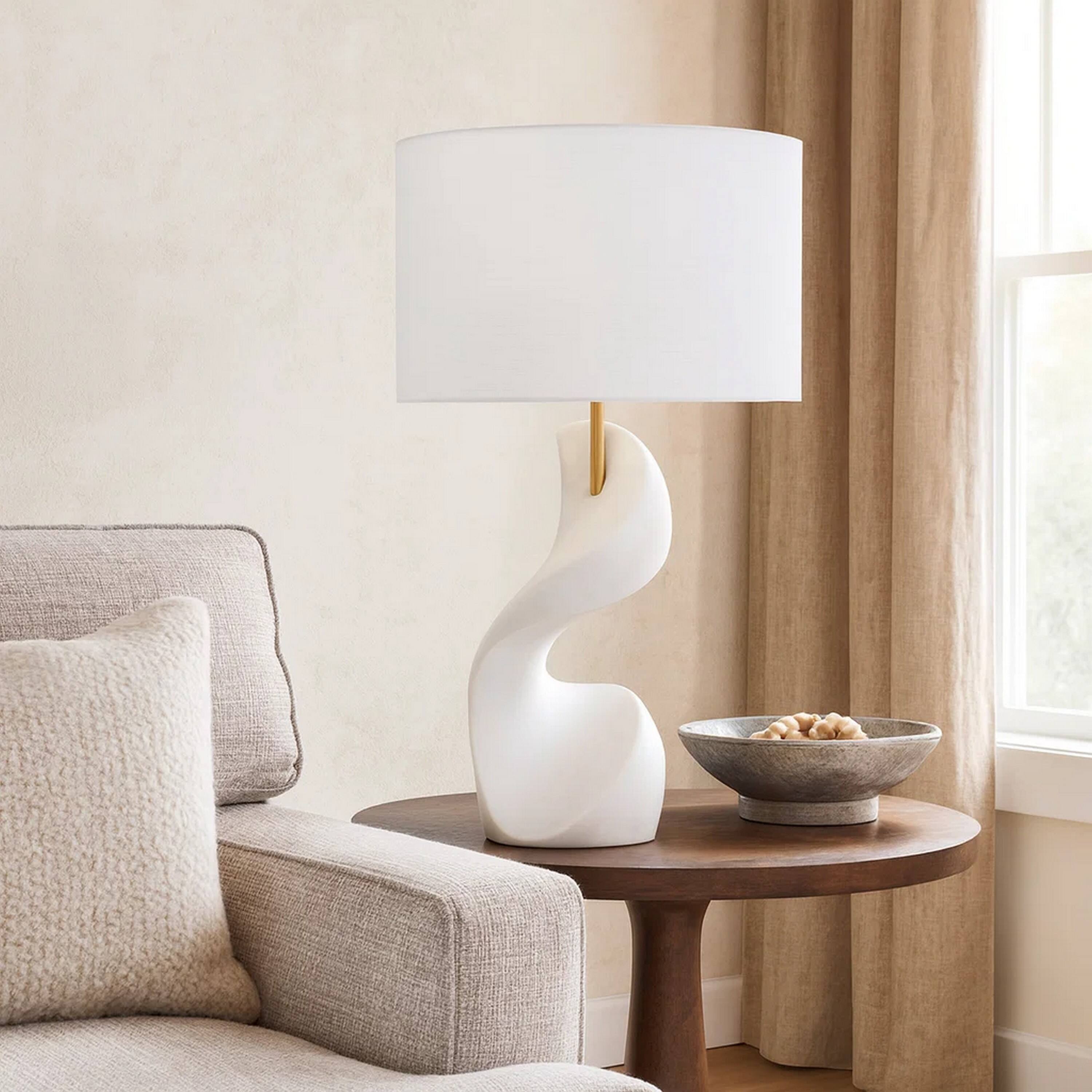 Alt View 2. Manhattan Lane - Koz Accent Table Lamp, Linen Shade, Curved Sculpture 32 Inch - White, Brass Finish.