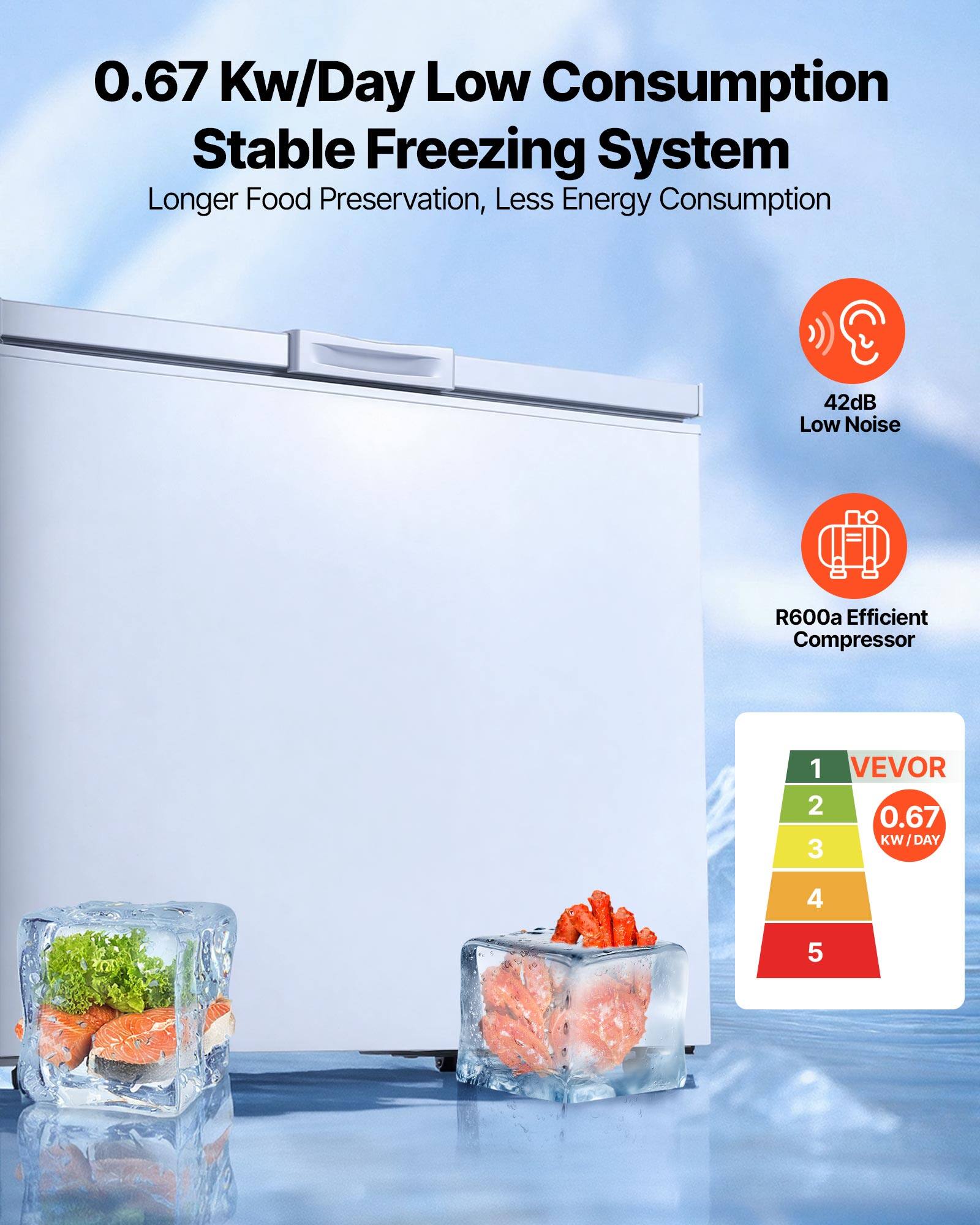 0.67 Kw/Day Low Consumption Stable Freezing System  
Longer Food Preservation, Less Energy Consumption  
42dB Low Noise  
R600a Efficient Compressor  

1. VEVOR  
2. 0.67 KW/DAY  
3. 4  
4. 5