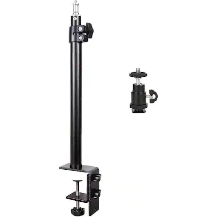 Front. PARKER SLATER - Adjustable camera desk mount with C-clamp, 18"-29" stand, ball heads, and cold shoe adapters for webcam, DSLR.