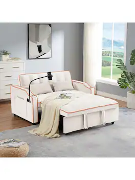 Trinkets Crazed - Sleeper Sofa Couch Bed with Phone Holder, 3-in-1 Convertible Velvet Pull Out Loveseat Futon Sofa with USB & Cup Holder - Beige