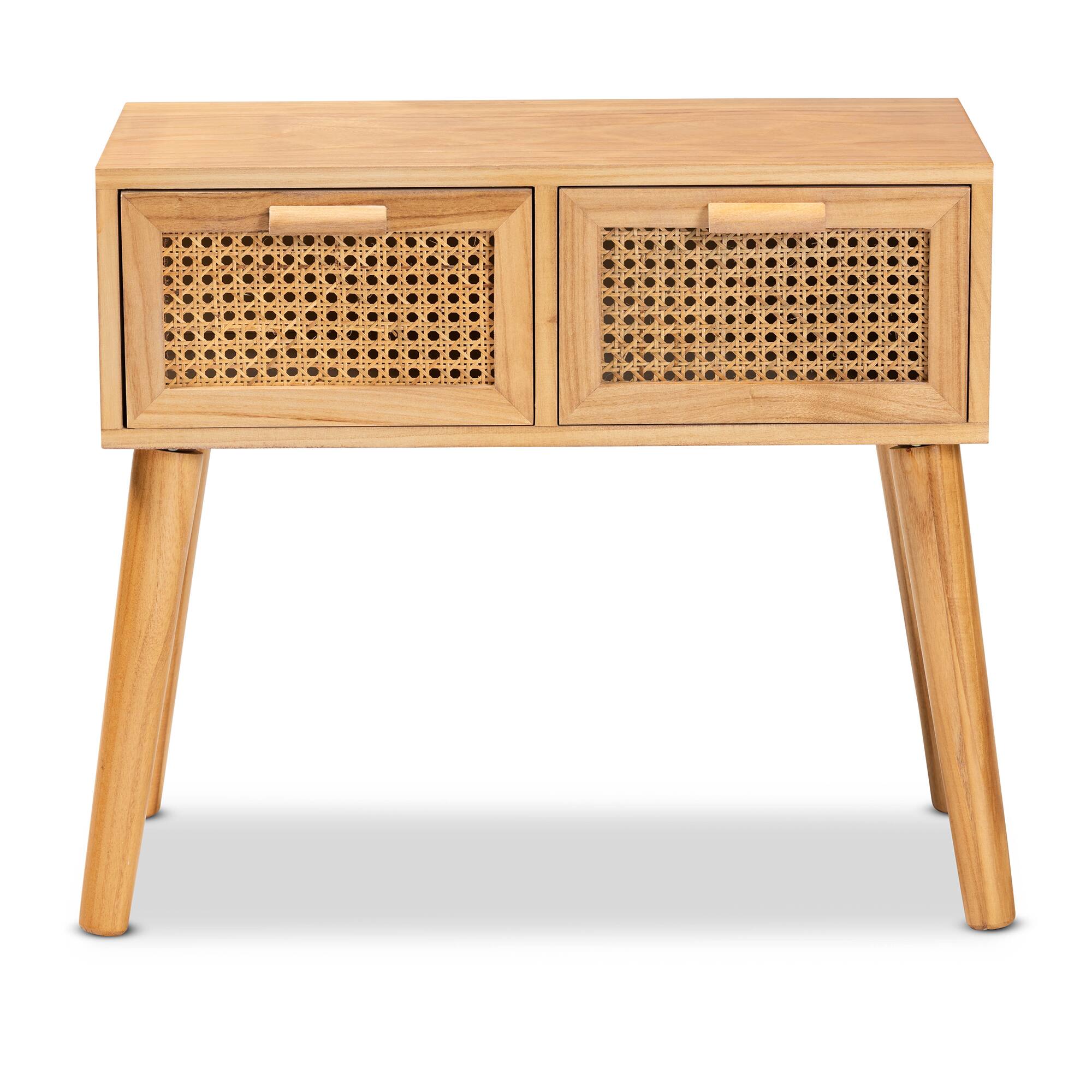 Left. Baxton Studio - Falan Mid-Century Modern Finished Wood 2-Drawer Console Table with Rattan - Brown/Oak Brown.