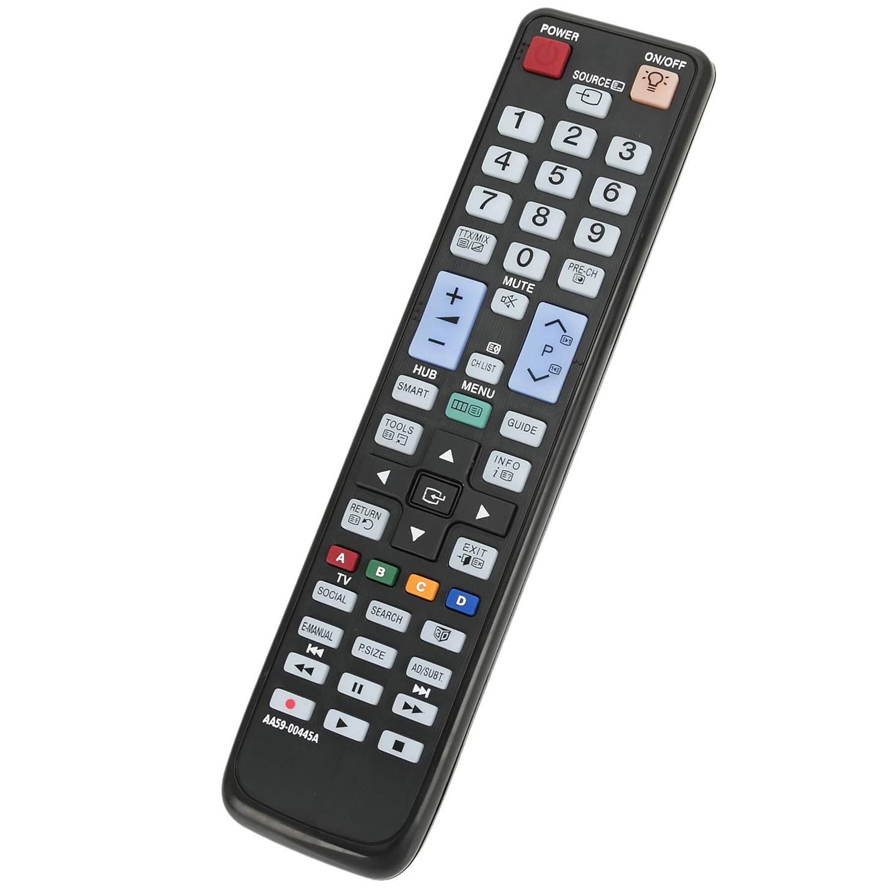 POWER ON/OFF  
SOURCE 1 2 3 4 5 6 7 8 9 0  
TTXIMIX PRE-CH MUTE + -  
HUB CHLIST MENU GUIDE  
SMART TOOLS INFO EXIT  
RETURN TV SOCIAL SEARCH E-MANUAL  
P SIZE AD/SUBT  
AA59-00445A