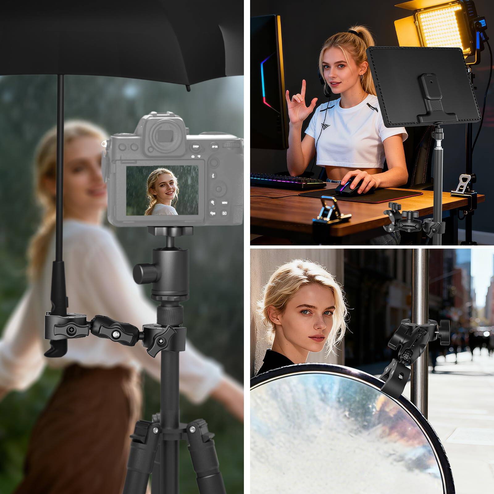 Alt View 1. Neewer - Double Super Clamp Mount with Magic Arm, 360° Adjustable, CA160 - Black.