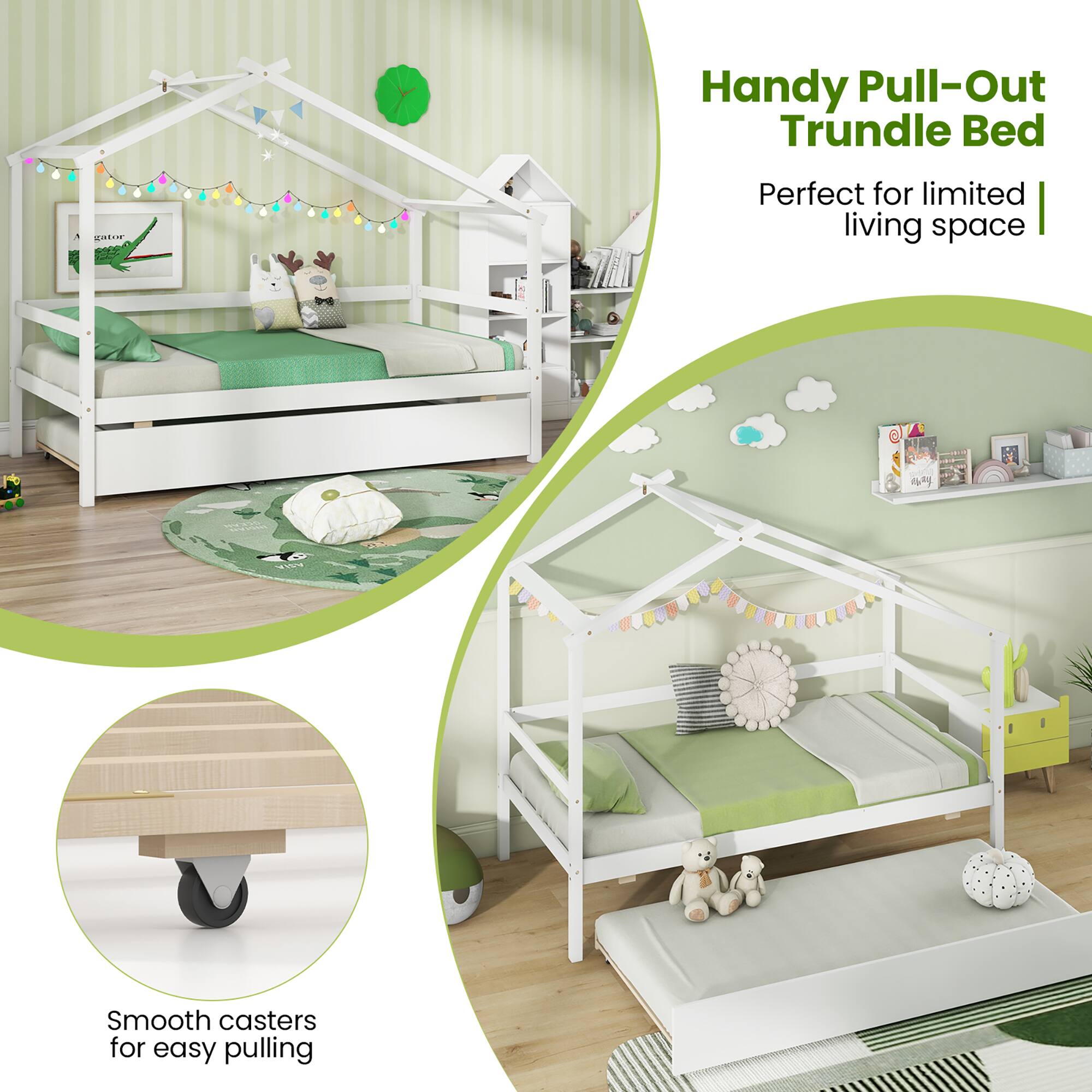 m .. Handy Pull-Out Trundle Bed Perfect for limited living space | I   Smooth casters for easy pulling