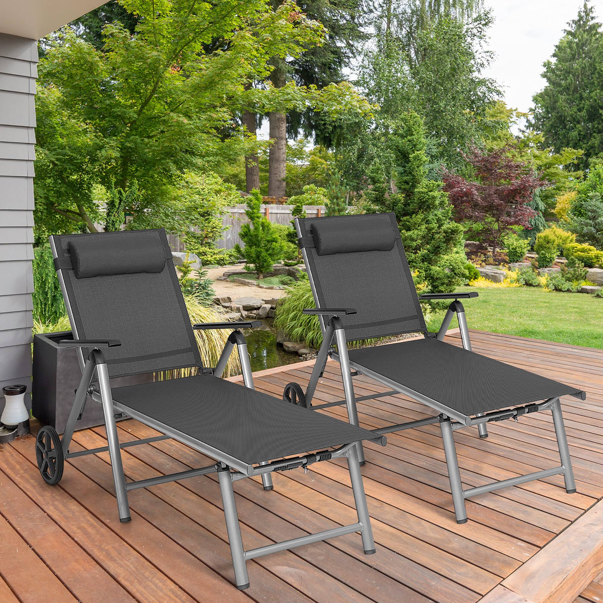 Alt View 1. Costway - Costway 2 PCS Folding Chaise Lounge Chair Aluminum Recliner Back Adjust Wheels - Black.
