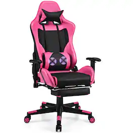 Ecooso - Gaming Chair PU Leather Swivel Recliner with USB Massage Lumbar Pillow and Retractable Footrest - Pink