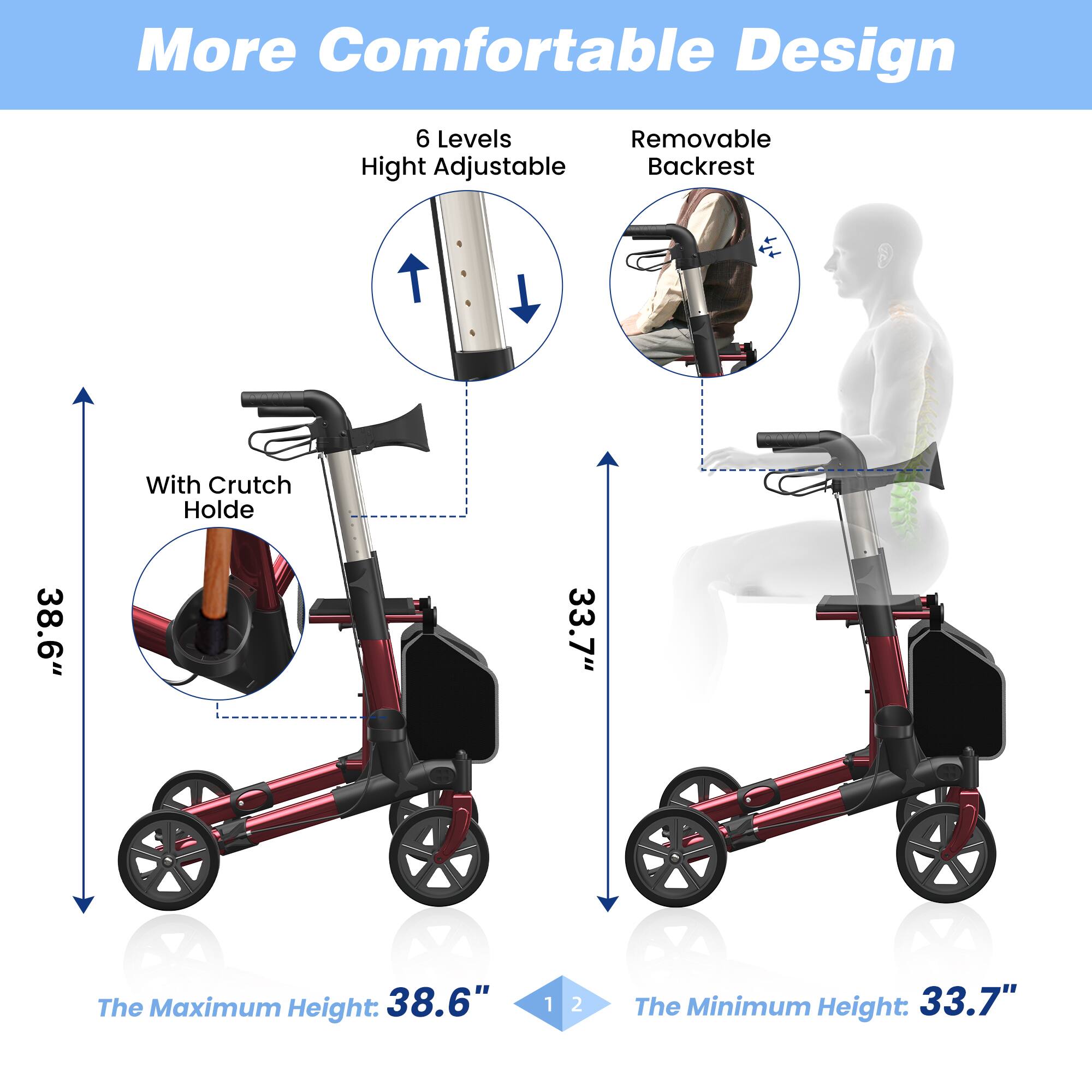 More Comfortable Design

- 6 Levels Height Adjustable
- Removable Backrest
- With Crutch Holde

The Maximum Height: 38.6"
The Minimum Height: 33.7"