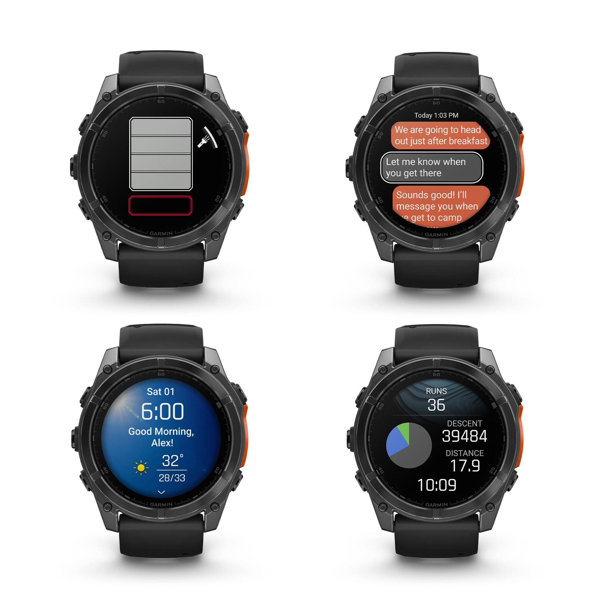 da Da 1 Today 1:03 PM  
We are going to head out just after breakfast  
Let me know when you get there  

a Sounds good! I'll message you when I get to camp  

GARMIN GARMIN  

Sat 01 6:00  
Good Morning, Alex!  
32° 28/33  

RUNS 36  
DESCENT 39484  
DISTANCE 17.9  
10:09  

GARMIN