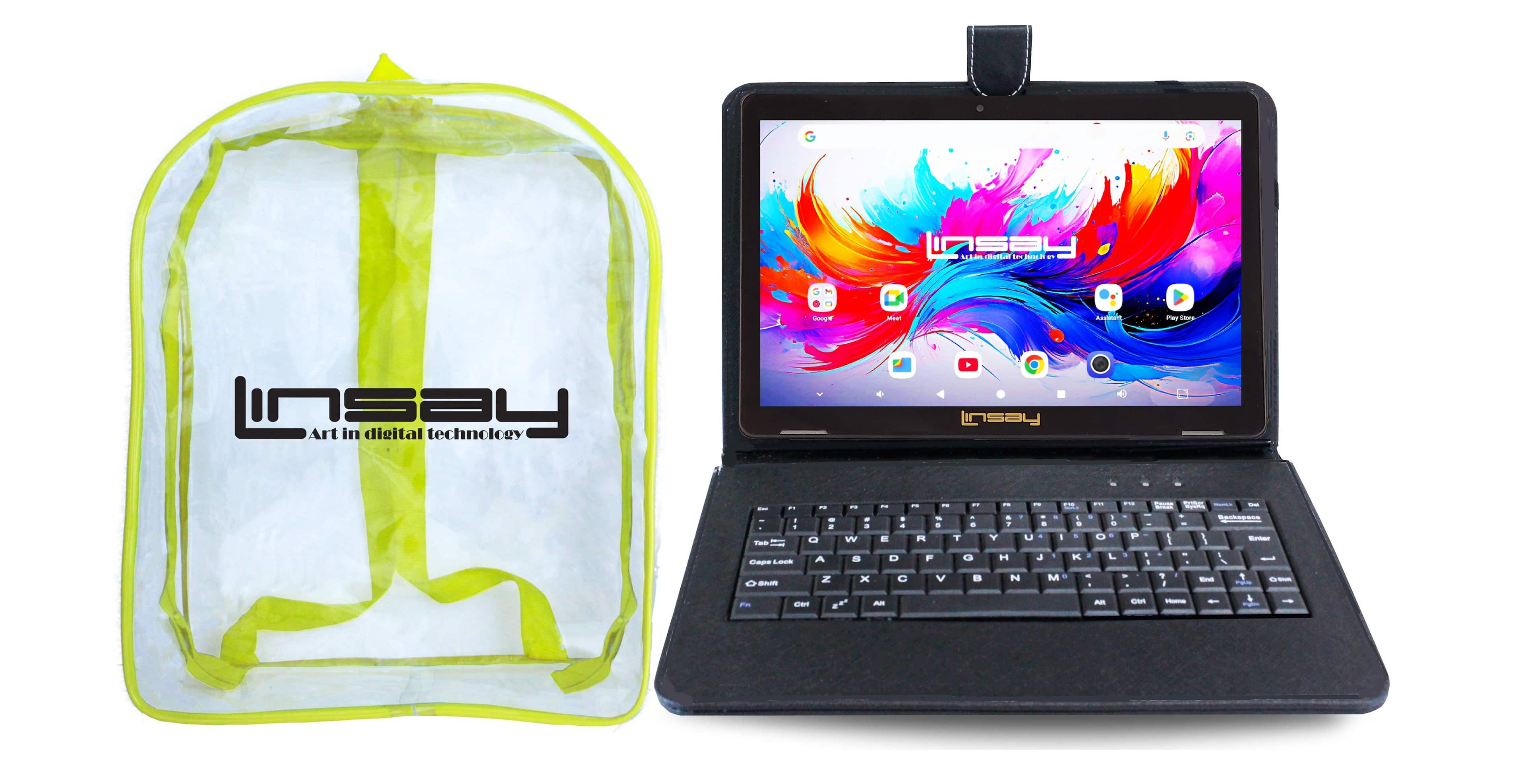 LINSAY - 10.1" Octa Core 256GB Storage Android 15 Tablet with Keyboard and Bag Pack - Black