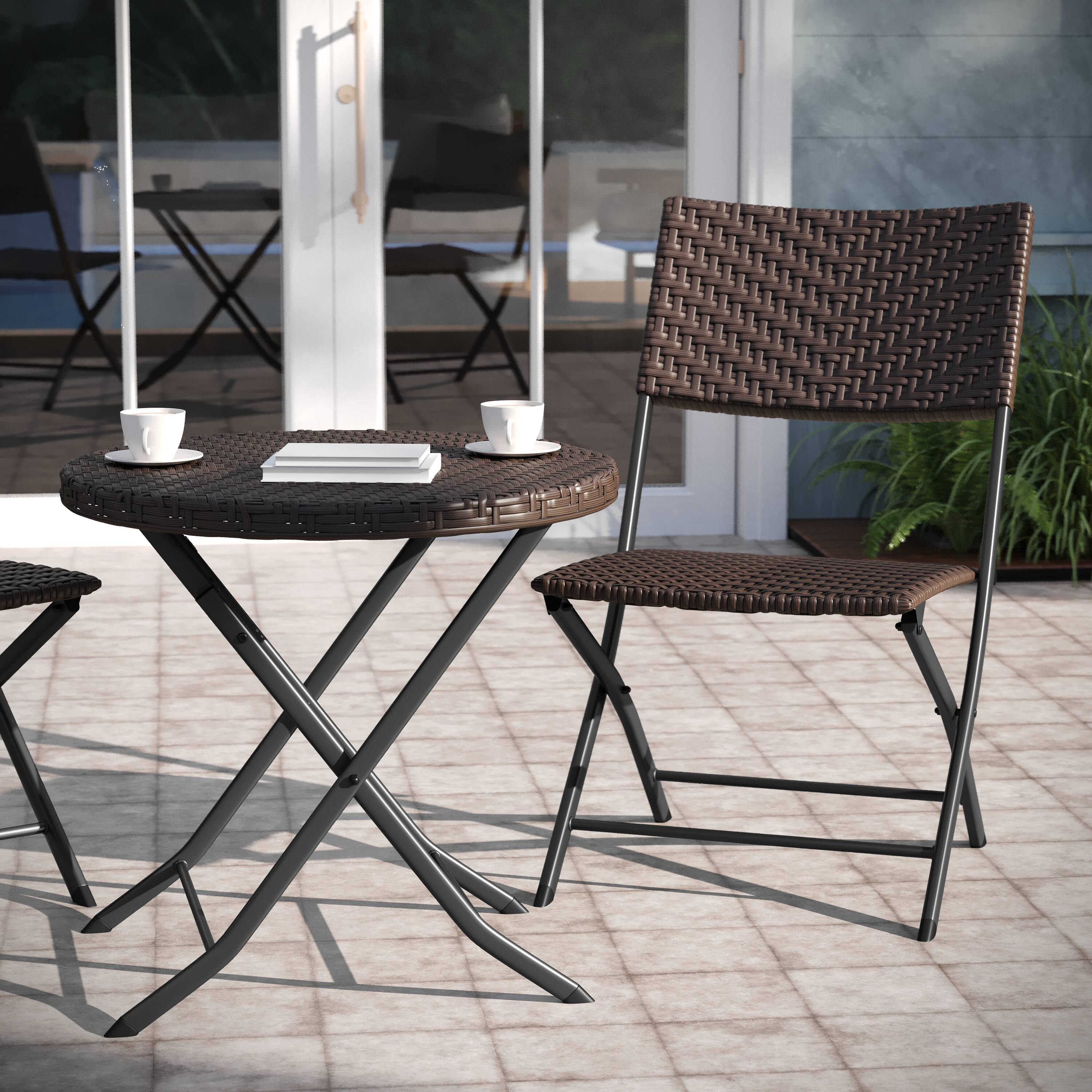 Alt View 3. Emma + Oliver - Ciel Three Piece Folding Bistro Set in PE Rattan with Metal Frames for Indoor and Outdoor Use - Brown.