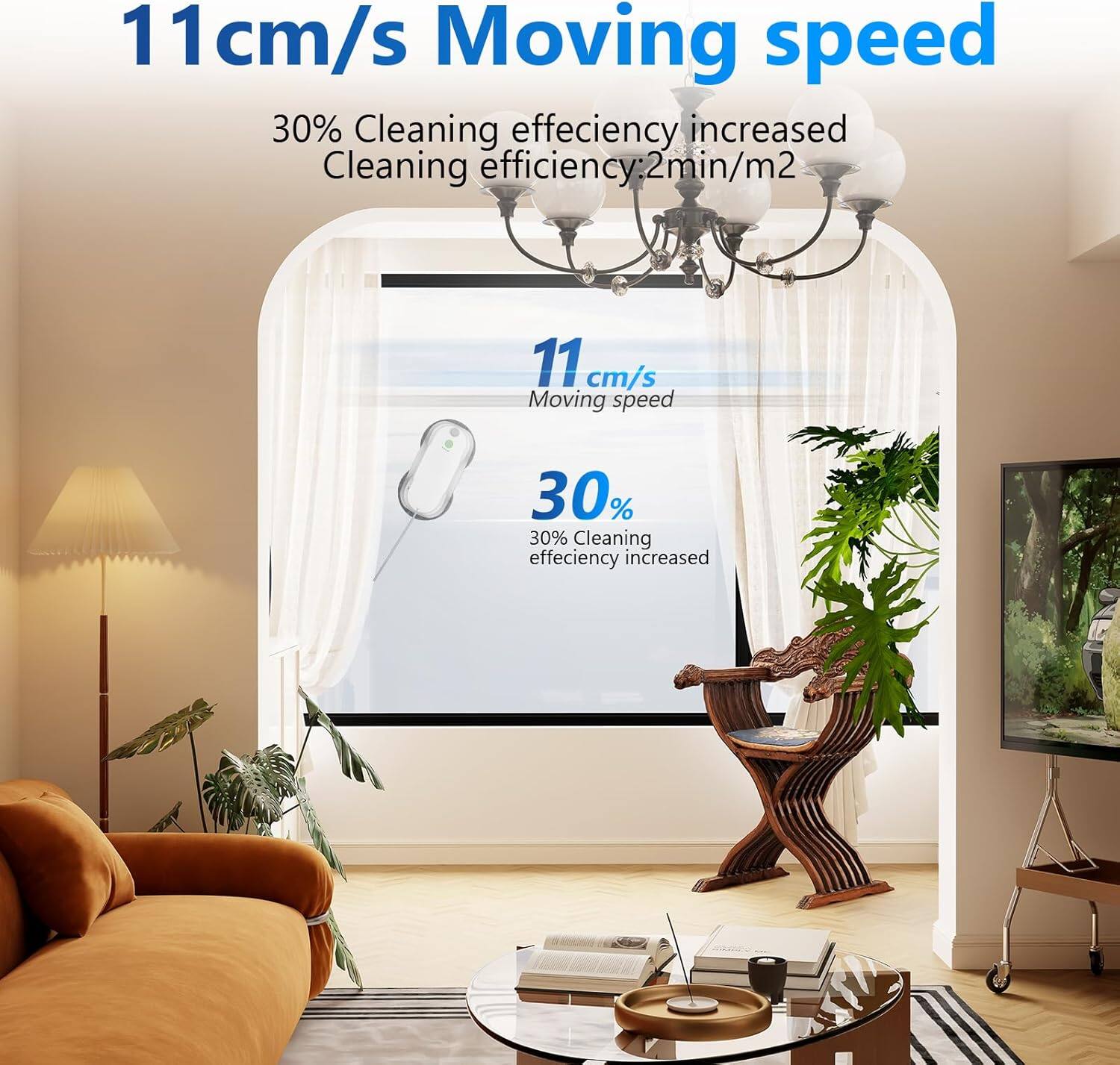 11 cm/s Moving speed  
30% Cleaning efficiency increased  
Cleaning efficiency: 2 min/m²
