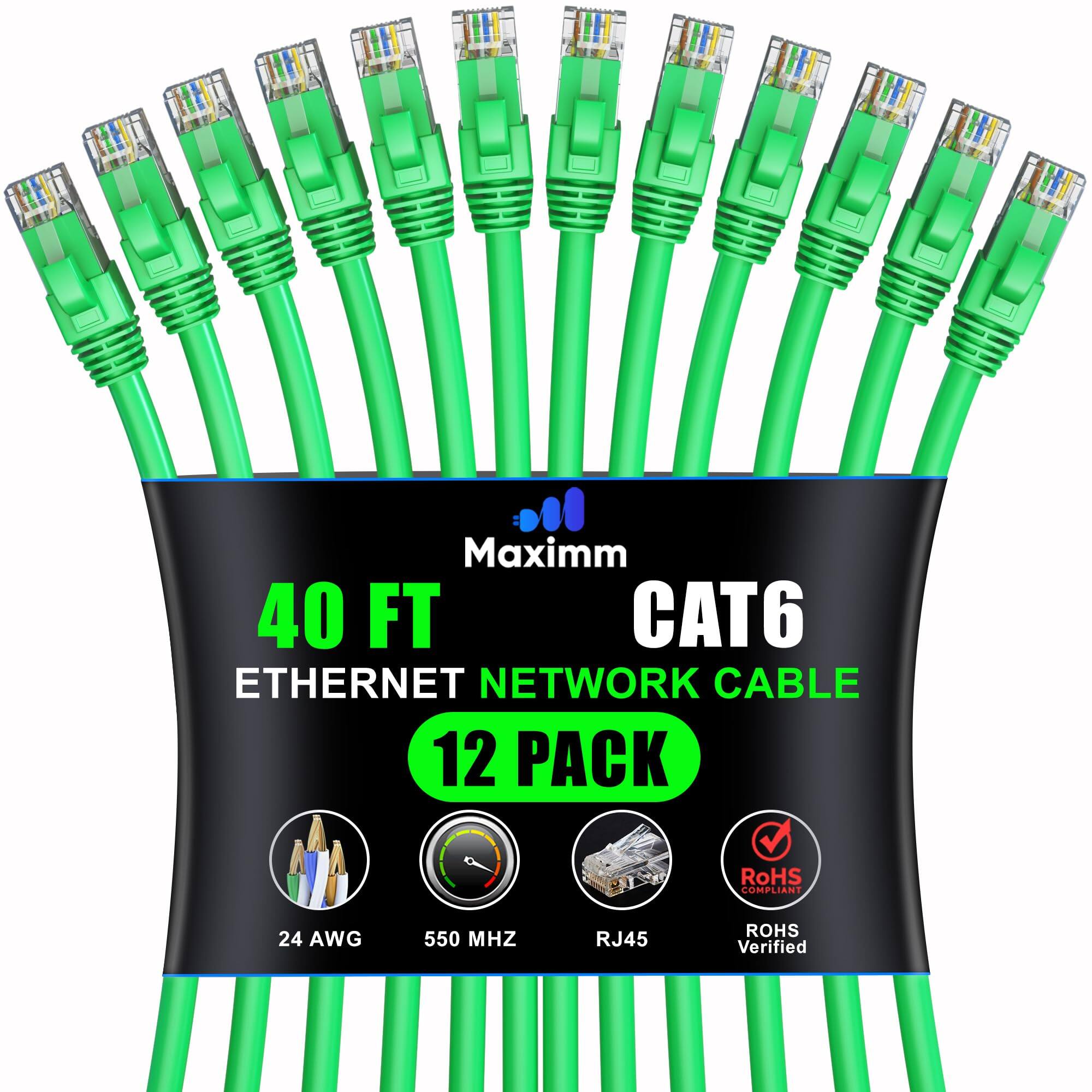 Maximm - Cat 6 Ethernet Cable 40 ft (12-Pack) - UTP, 10Gbps, 550MHz