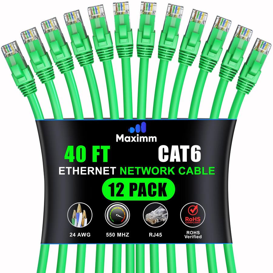 Maximm Cat 6 Ethernet Cable 40 ft (12 Pack) UTP, 10Gbps, 550MHz CAT6CCA ...