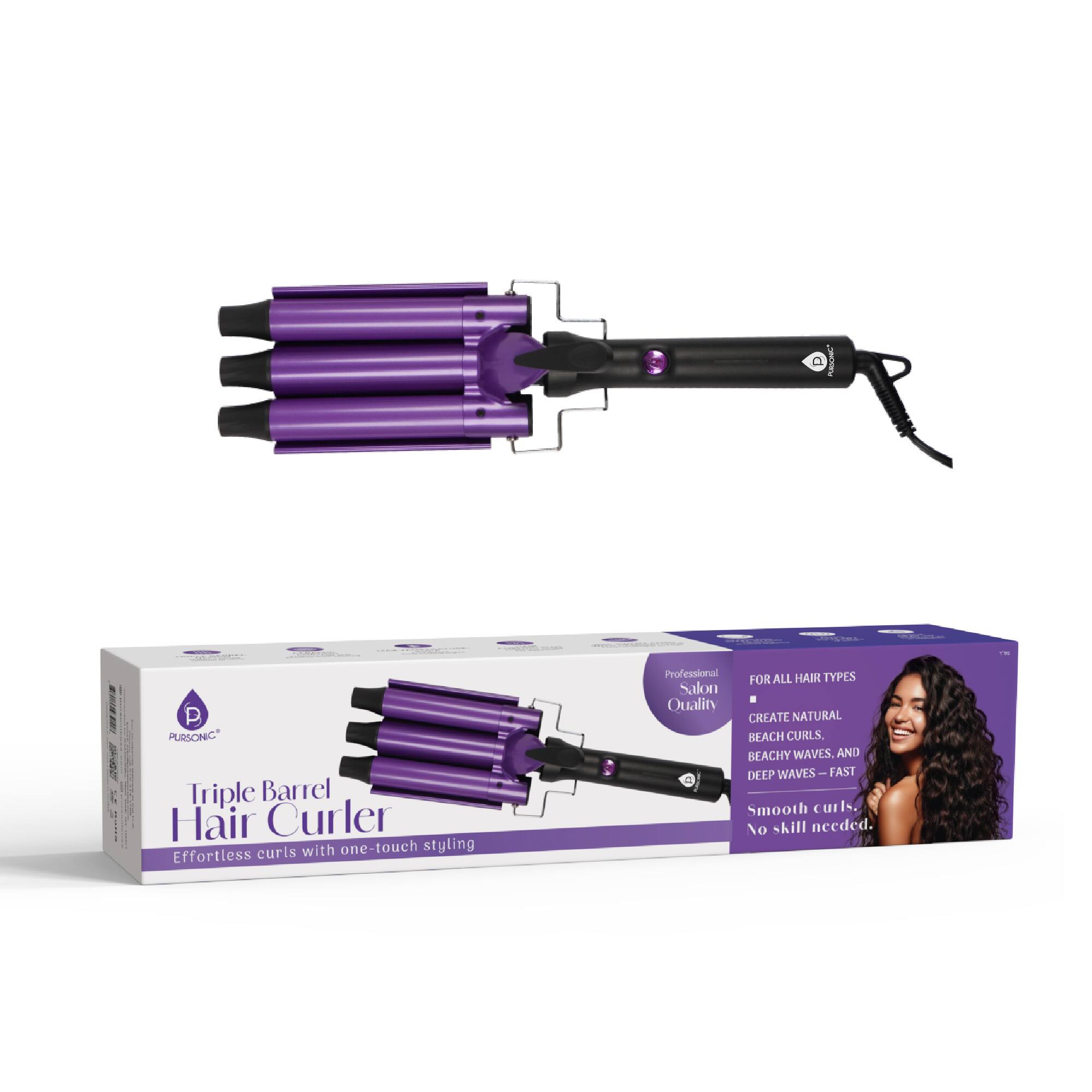 Pursonic - Triple Barrel Hair Curler – Effortless Beach Waves & Curls - Purple