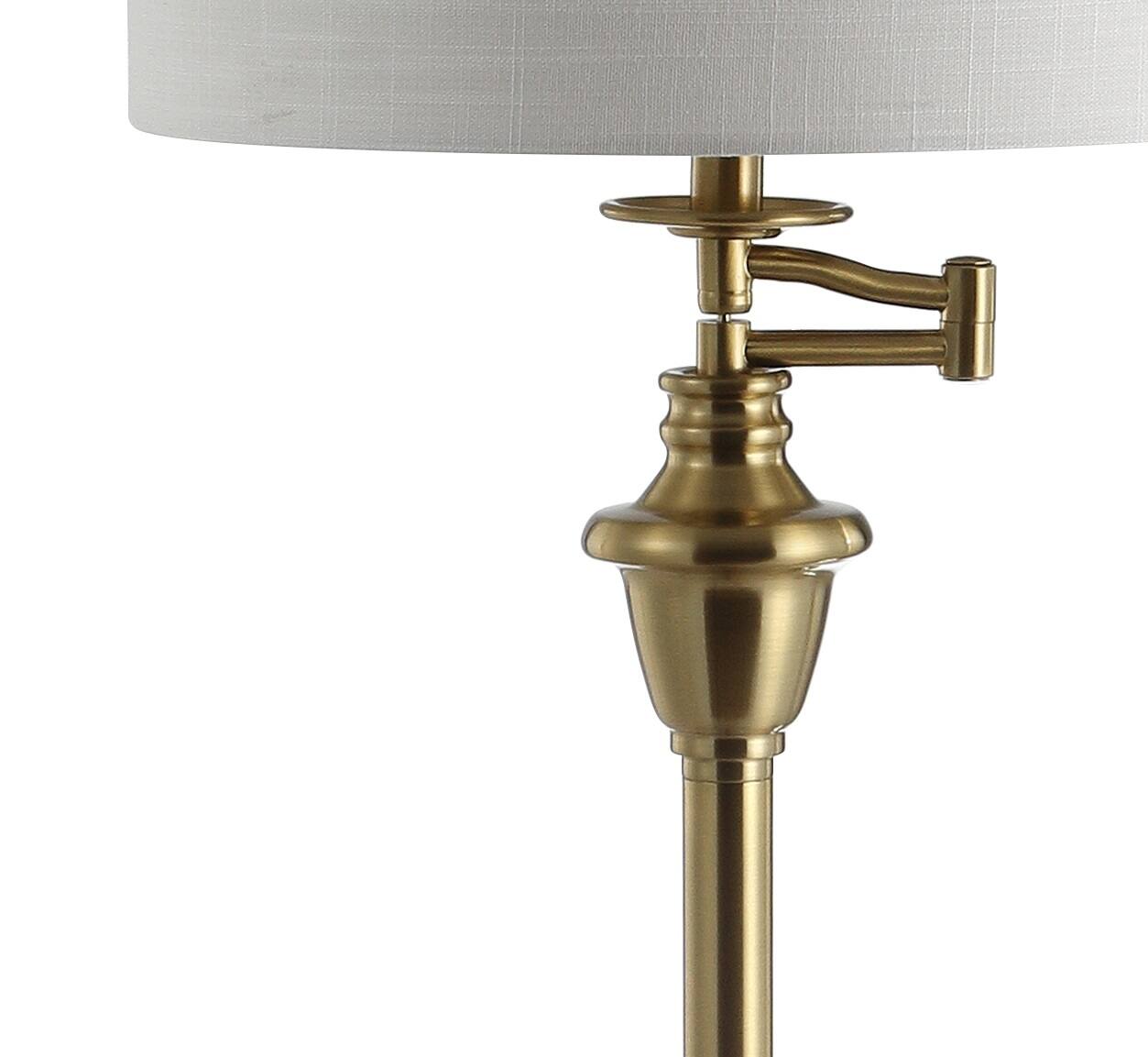 Alt View 4. Jonathan Y - Cora 60" Modern Metal LED Floor Lamp with Integrated Glass Side Table and Swing Arm, Brass/Clear - Brass Gold/Clear.