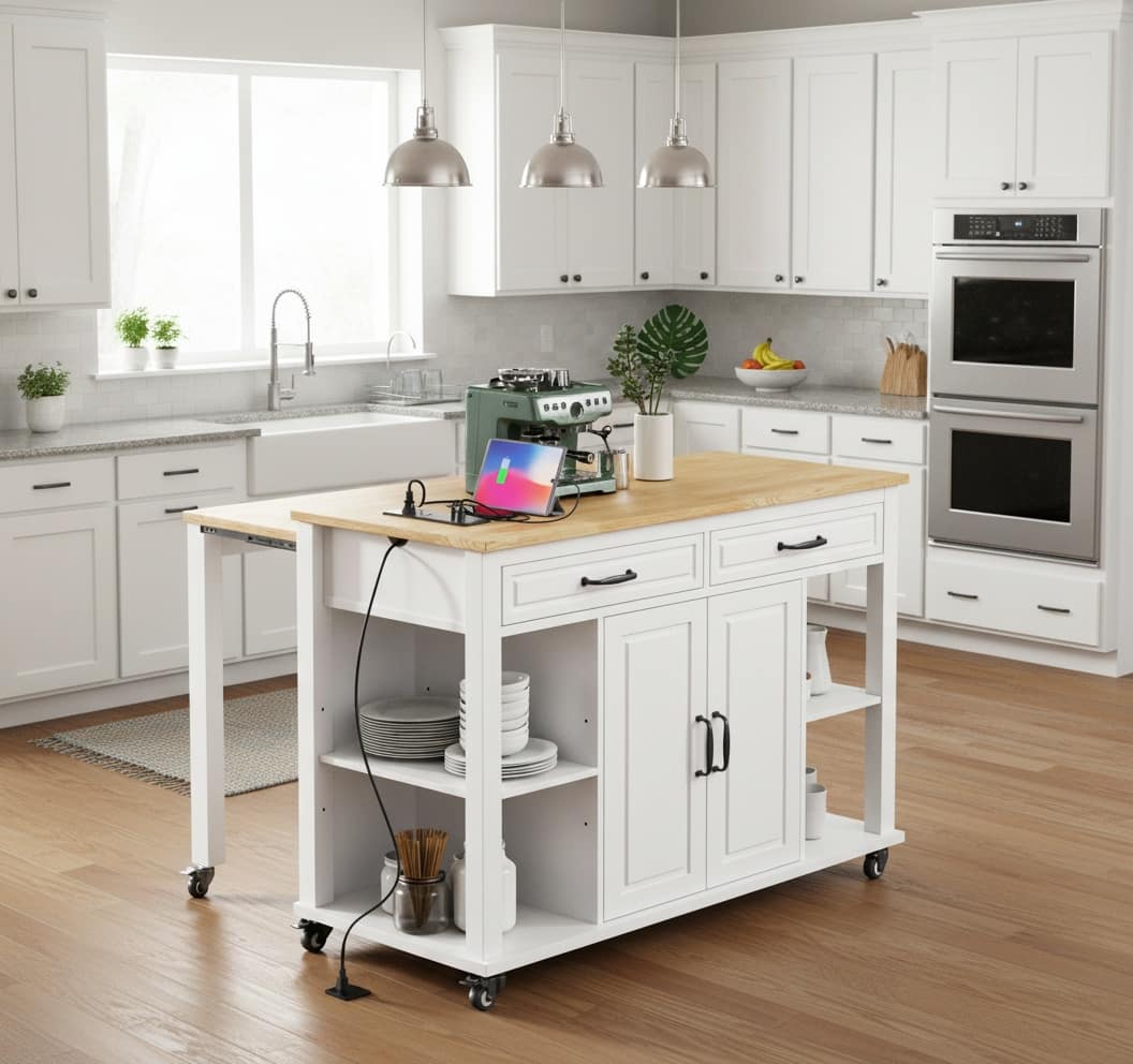 Forest'nSky - 47 inch Rolling Kitchen Island with Storage, Rubber Wood Veneer Table, Power Outlet, Internal Rack - White