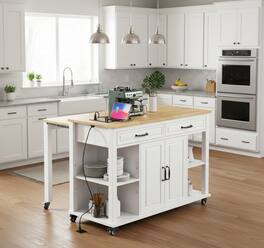 Forest'nSky - 47 inch Rolling Kitchen Island with Storage, Rubber Wood Veneer Table, Power Outlet, Internal Rack - White