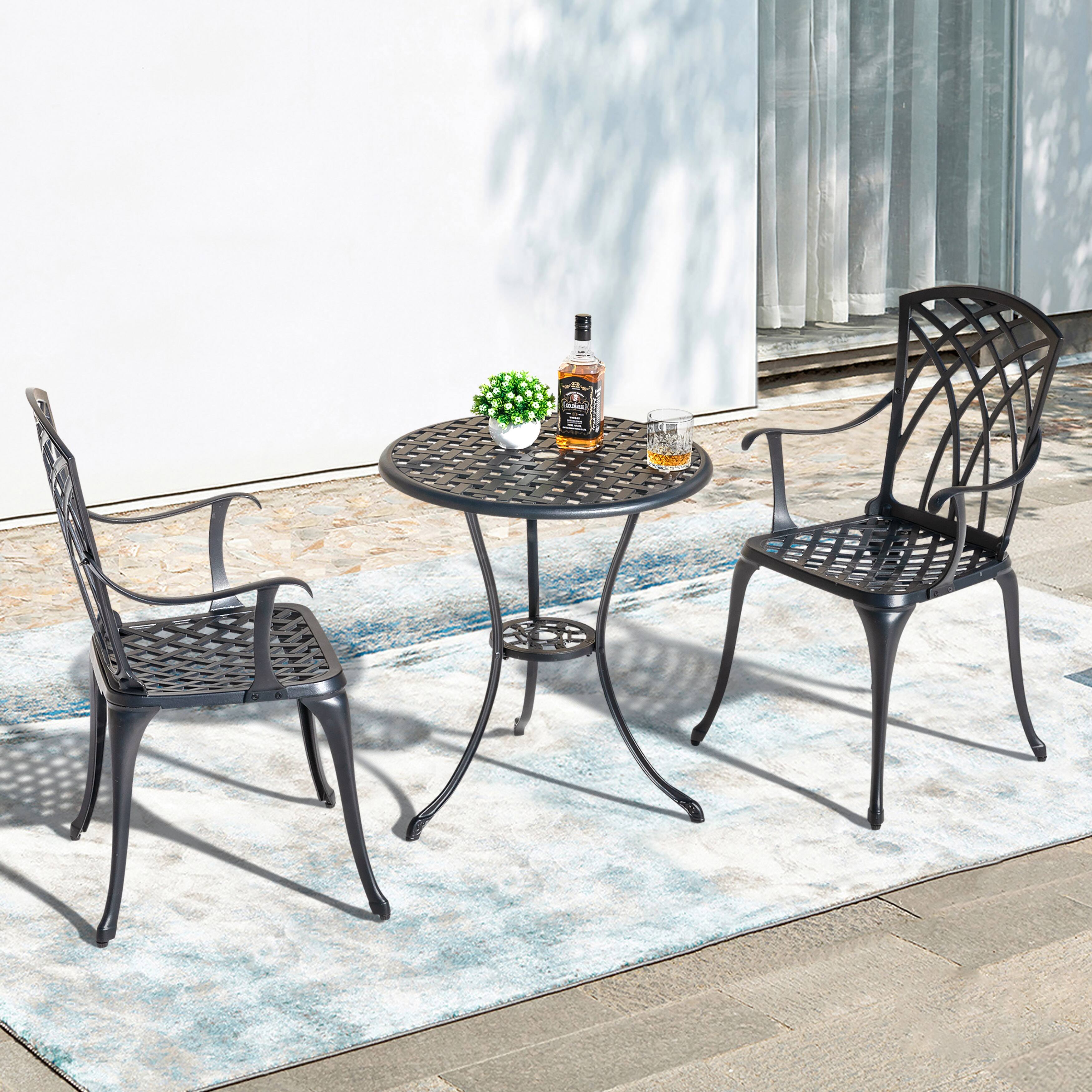 Left. Nuu Garden - 24 Inch Cast Aluminum Bistro Table with Umbrella Hole and 2 Bistro Chairs - Black.