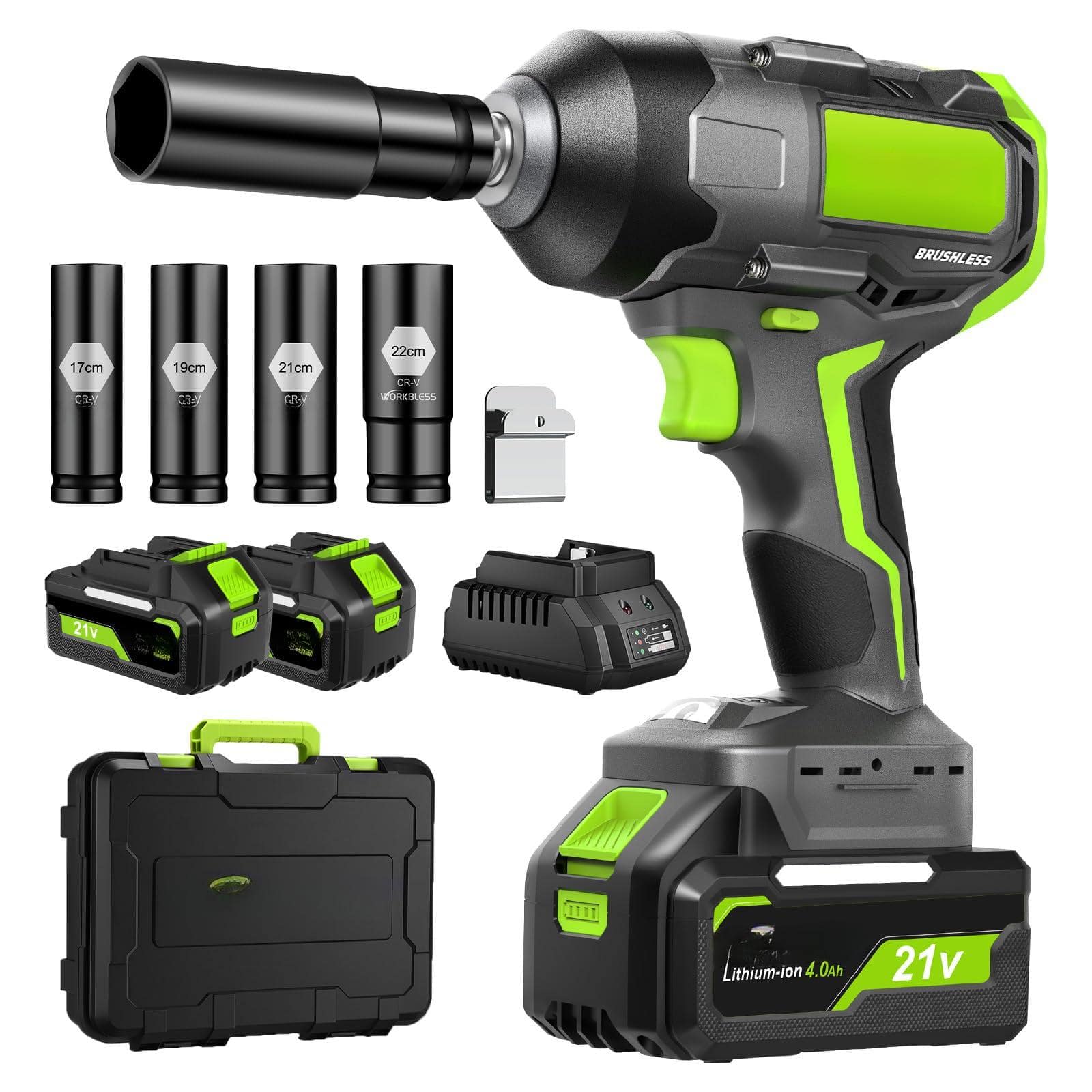 JETRANSPORT - Cordless Impact Wrench 1/2 Inch: Brushless Kit - Max 1200n.m (885ft-lbs) High Torque Driver For Car Tire - 1200N.m with 2 Battery